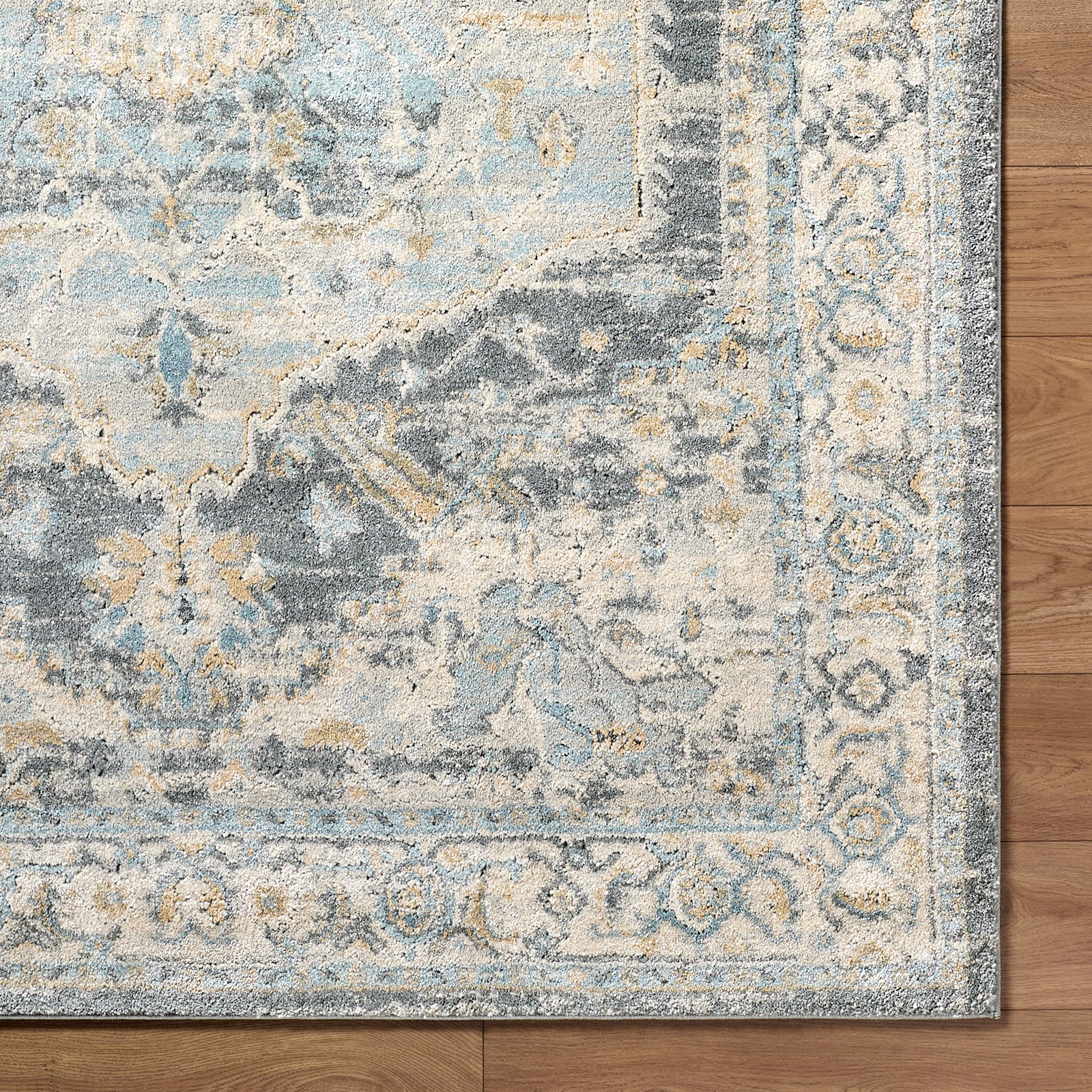 Avellino Vintage Traditional Boho High Pile Blue & Light Beige & Light Grey Polypropylene & Polyester Rug 160x213cm - reverse roll detail