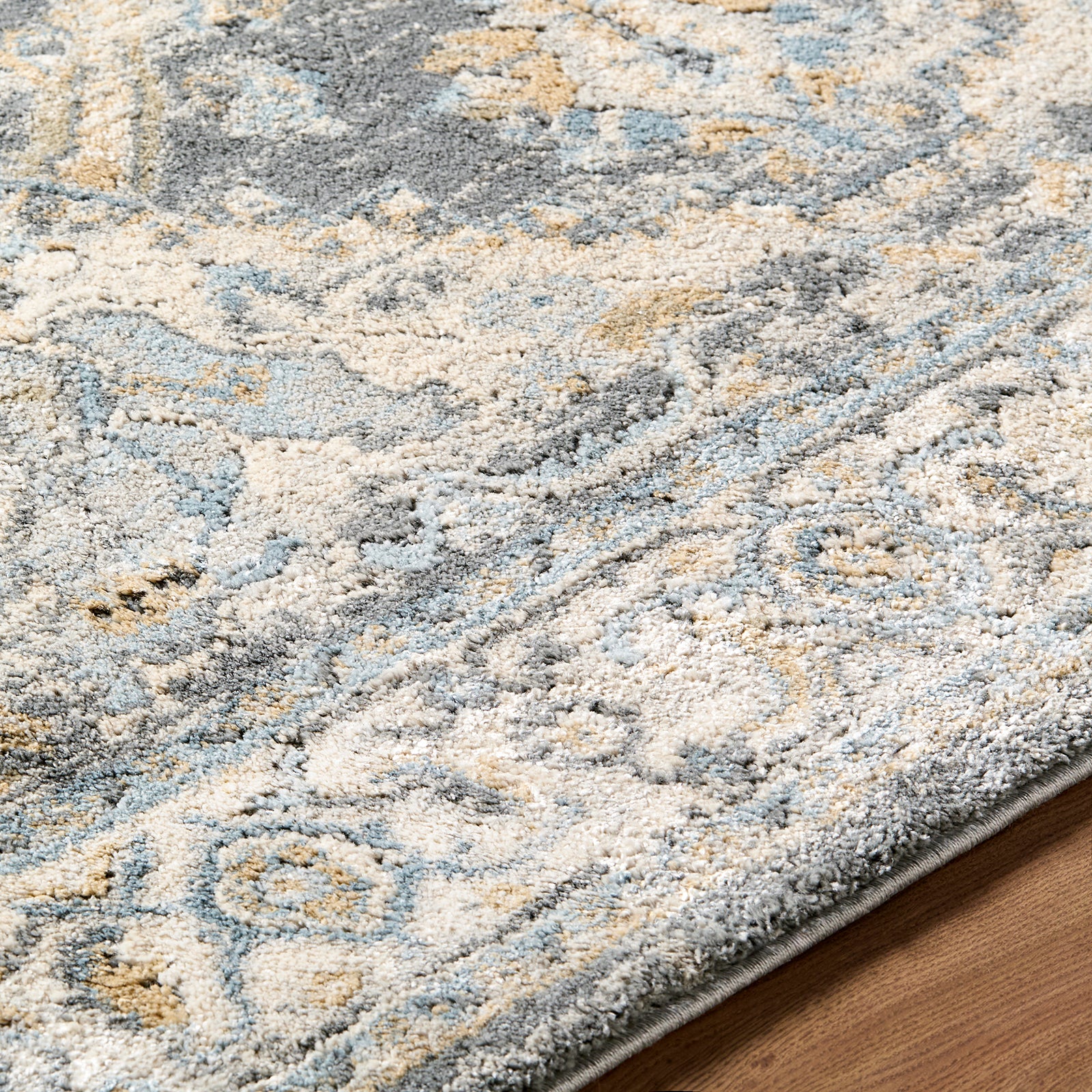 Avellino Vintage Traditional Boho High Pile Blue & Light Beige & Light Grey Polypropylene & Polyester Rug 200x280cm - texture detail