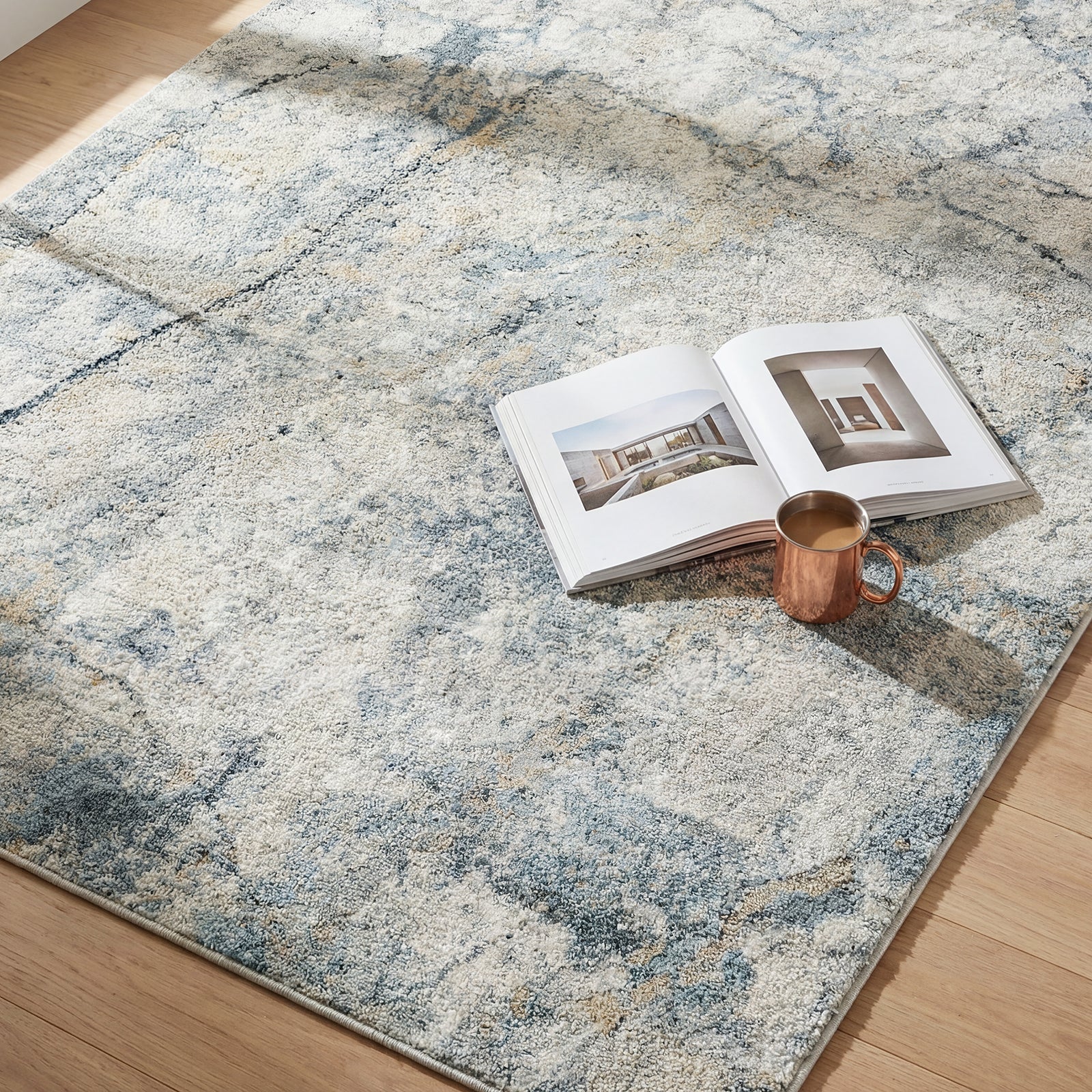 Avellino Abstract Modern Marble High Pile Grey & Blue & Beige Polypropylene & Polyester Rug 160x213cm - styled detail