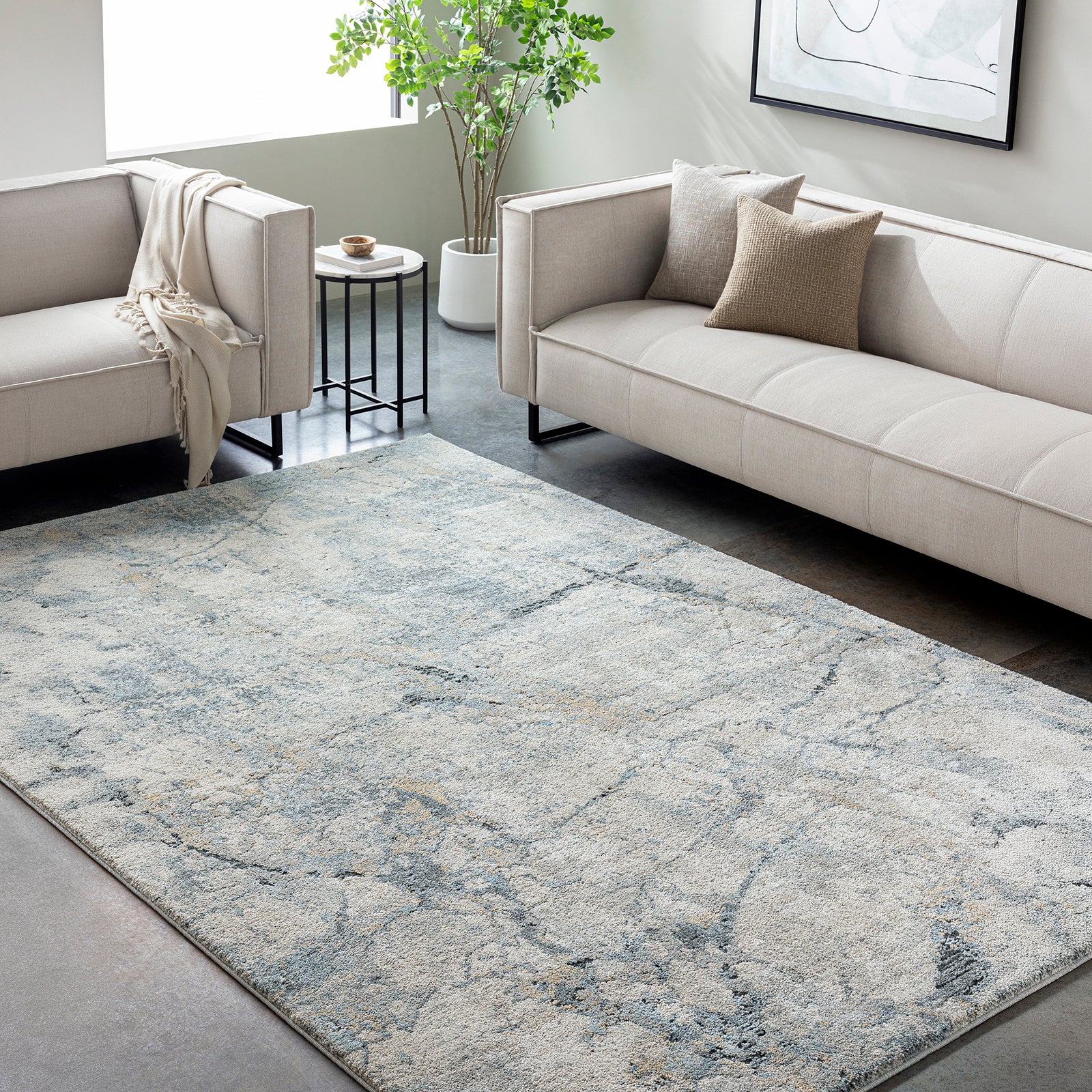 Avellino Abstract Modern Marble High Pile Grey & Blue & Beige Polypropylene & Polyester Rug 160x213cm - room setting