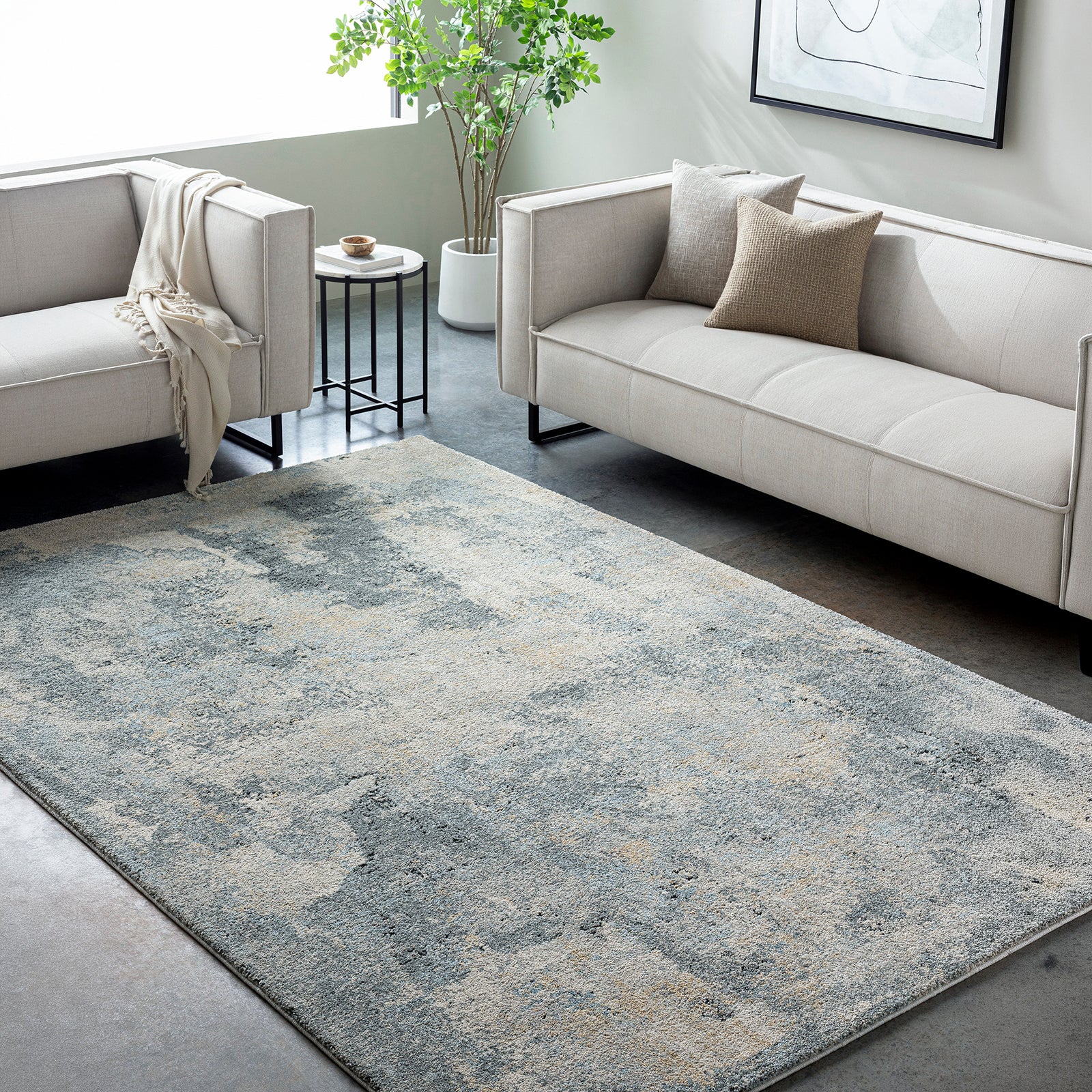 Avellino Abstract Modern Marble High Pile Blue & Grey & Beige Polypropylene & Polyester Rug 160x213cm - room setting