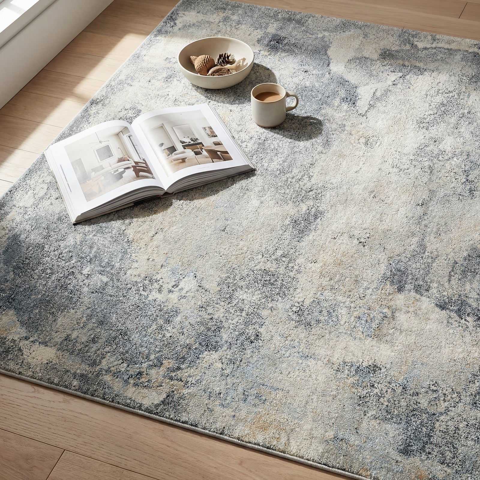 Avellino Abstract Modern Marble High Pile Blue & Grey & Beige Polypropylene & Polyester Rug 160x213cm - styled detail