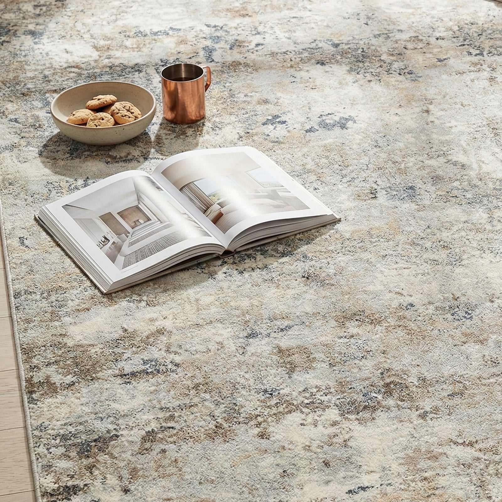 Avellino Abstract Modern Marble High Pile Blue & Grey & Beige Polypropylene & Polyester Rug 160x213cm - styled detail