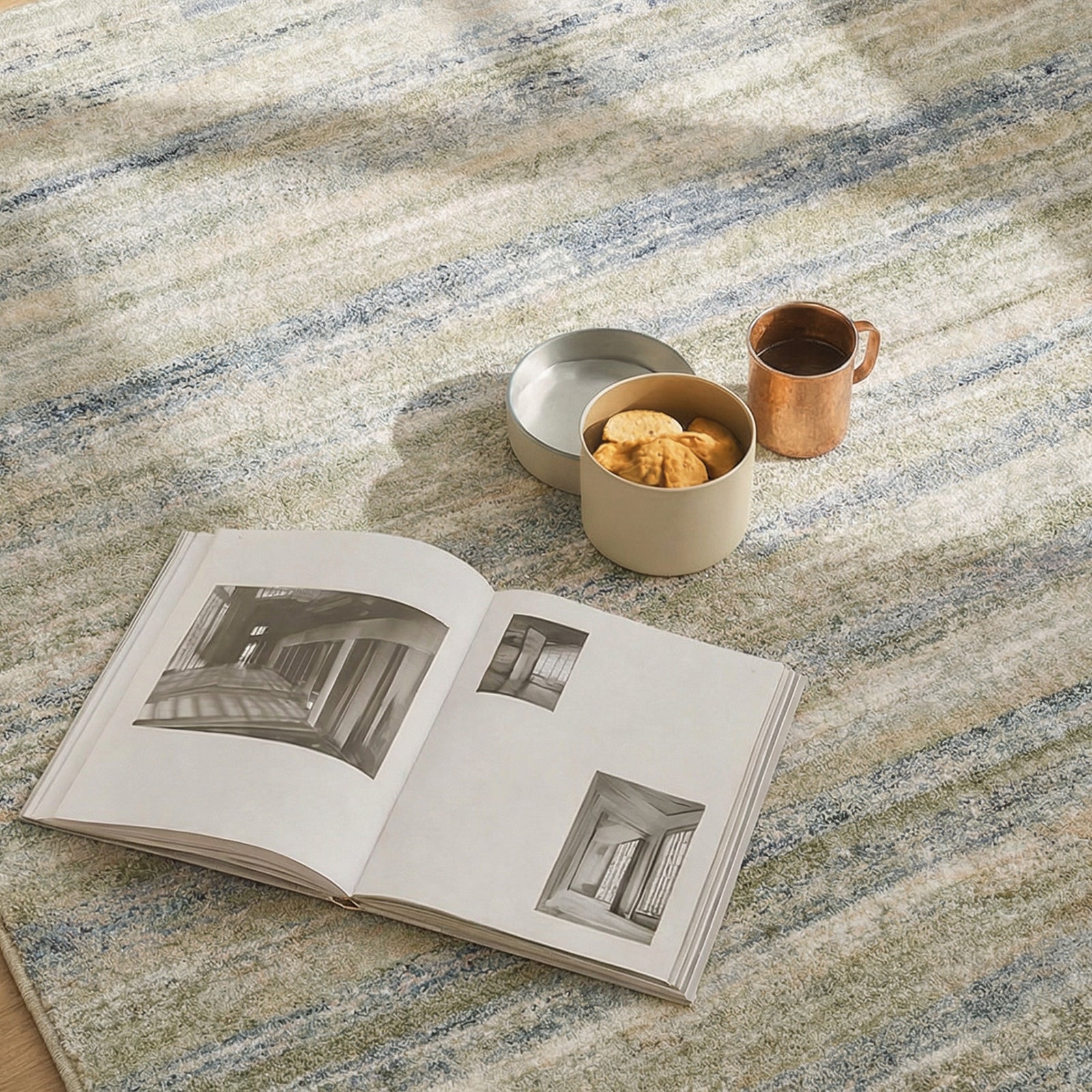 Avellino Abstract Modern Marble High Pile Green & Blue Polypropylene & Polyester Rug 200x280cm - styled detail