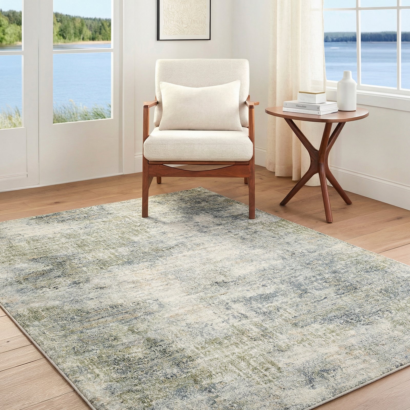 Avellino Abstract Modern Marble High Pile Green & Grey Polypropylene & Polyester Rug 200x280cm - room setting