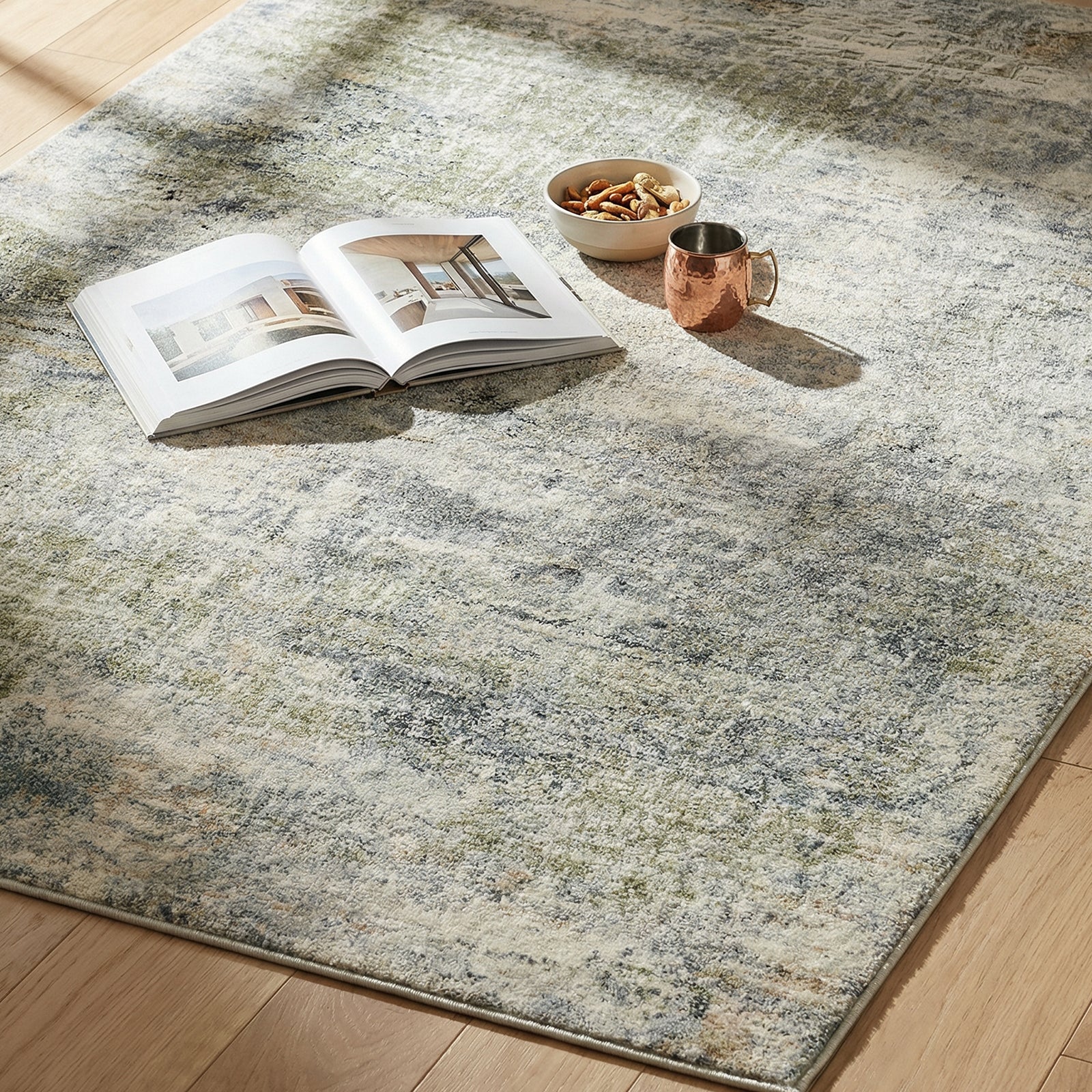Avellino Abstract Modern Marble High Pile Green & Grey Polypropylene & Polyester Rug 160x213cm - styled detail
