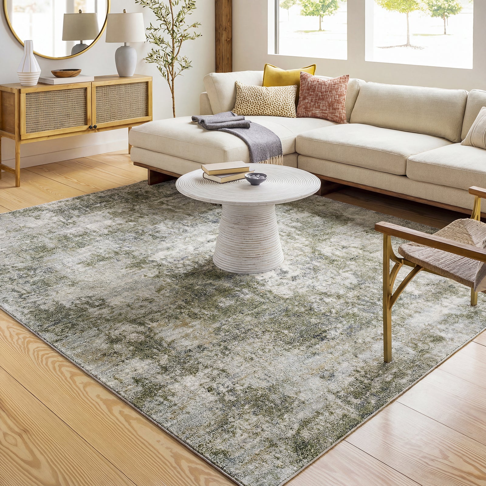 Avellino Abstract Modern Marble High Pile Green & Light Grey Polypropylene & Polyester Rug 200x280cm - room setting