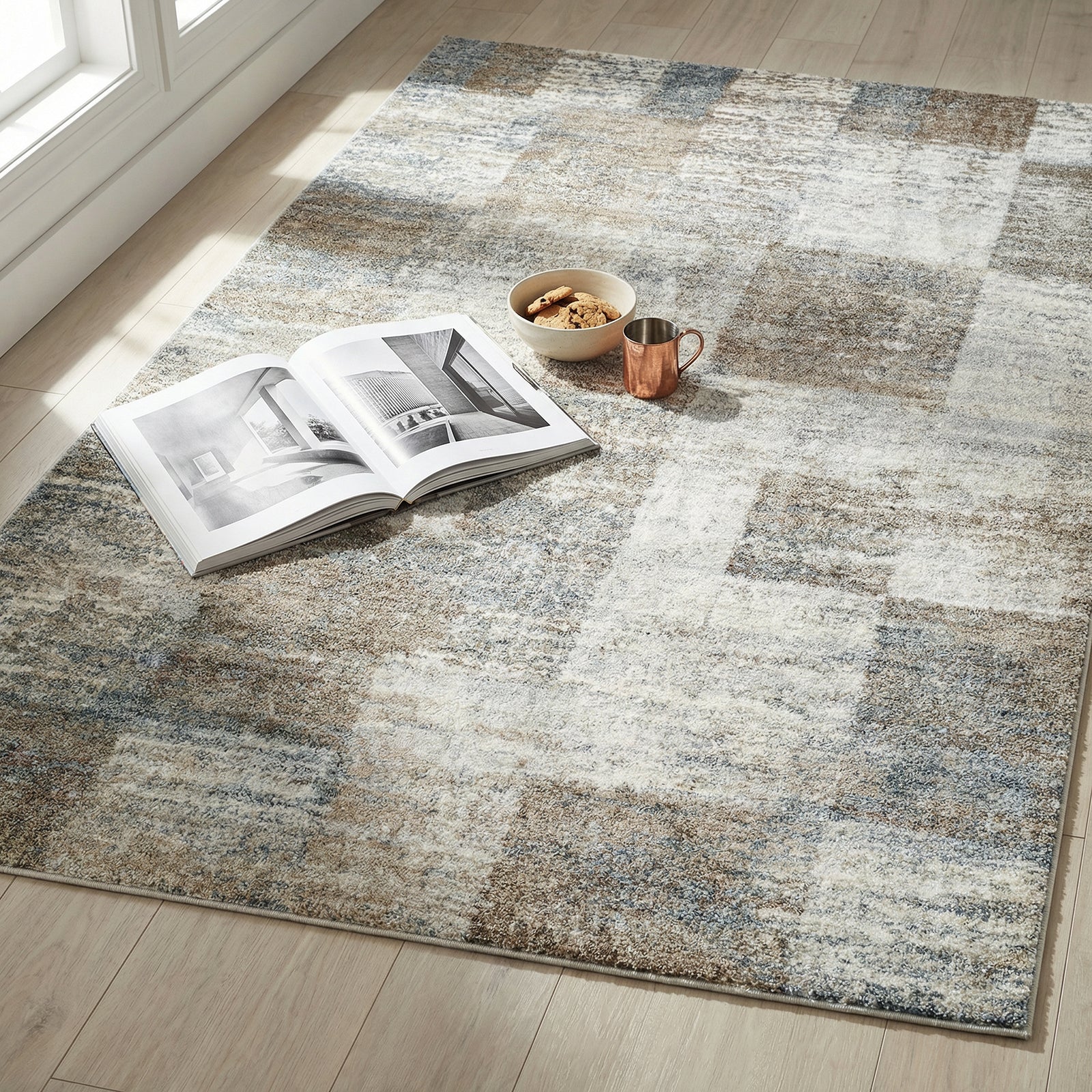 Avellino Modern Graphic High Pile Brown & Grey Polypropylene & Polyester Rug 160x213cm - styled detail
