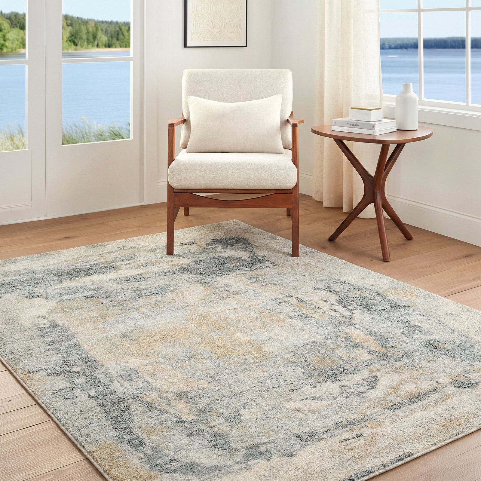 Avellino Abstract Modern Marble High Pile Grey & Blue & Beige Polypropylene & Polyester Rug 160x213cm - room setting