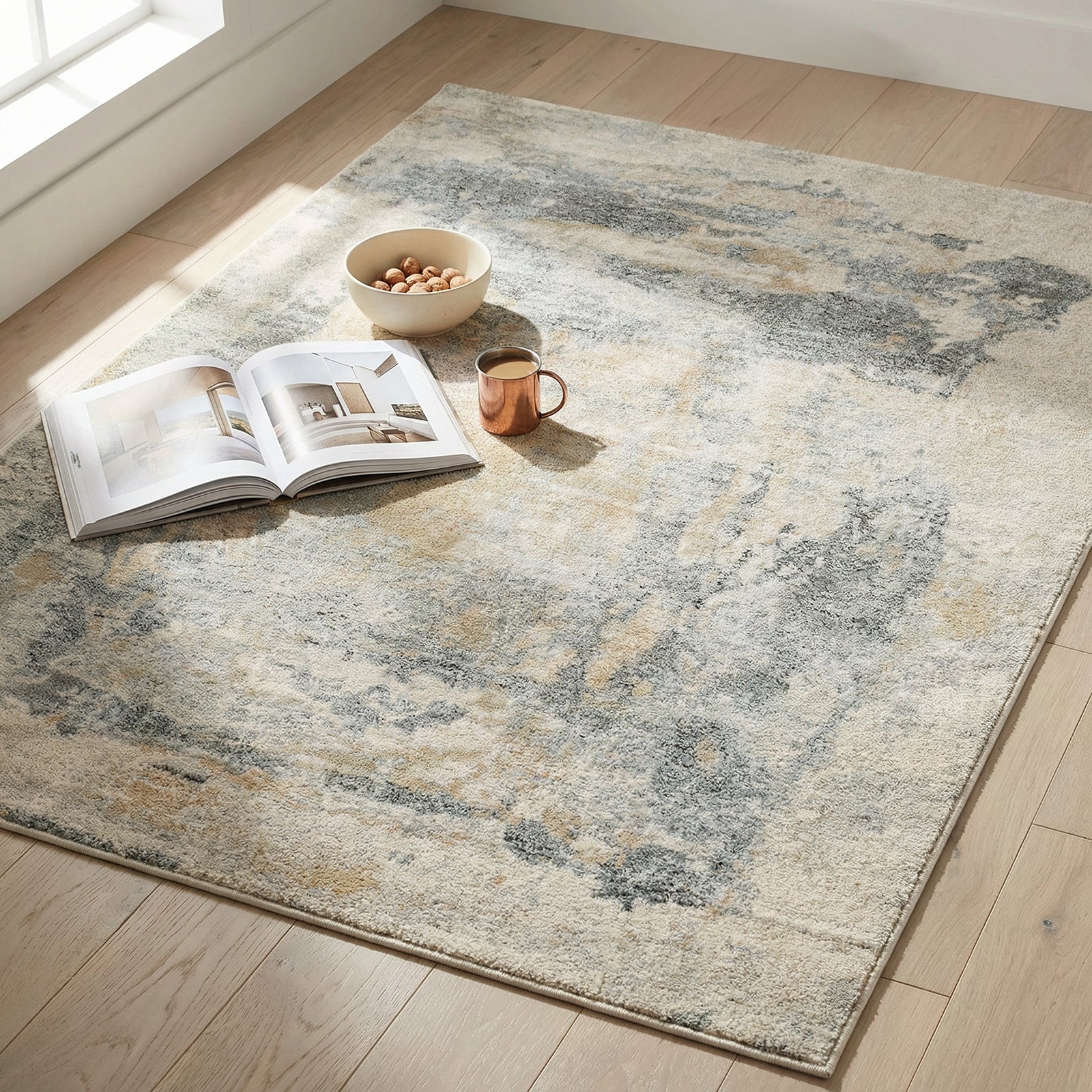 Avellino Abstract Modern Marble High Pile Grey & Blue & Beige Polypropylene & Polyester Rug 160x213cm - styled detail