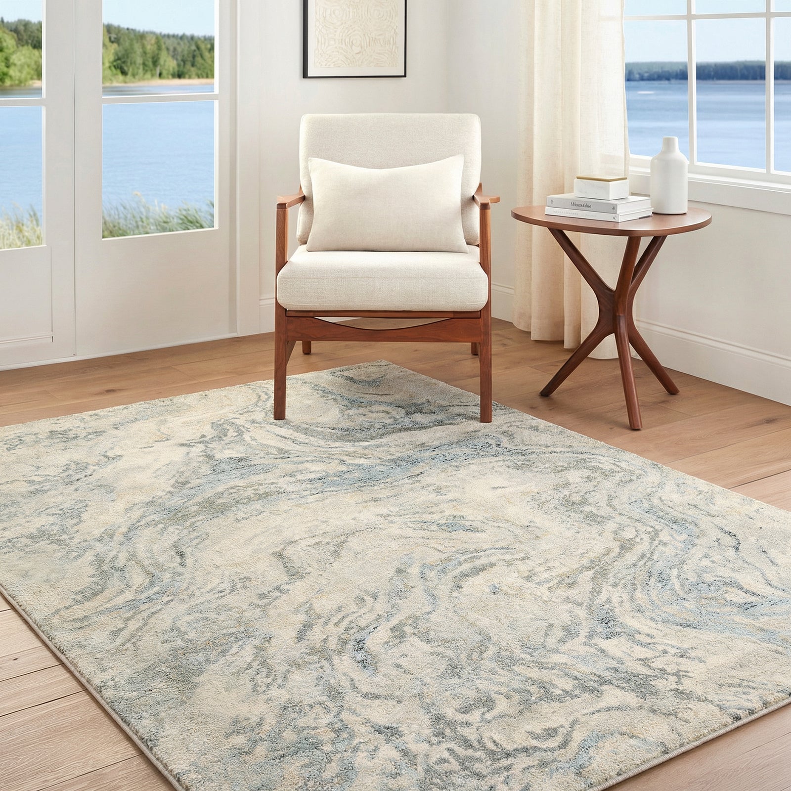 Avellino Abstract Modern Marble High Pile Beige & Grey & Blue Polypropylene & Polyester Rug 160x213cm - room setting