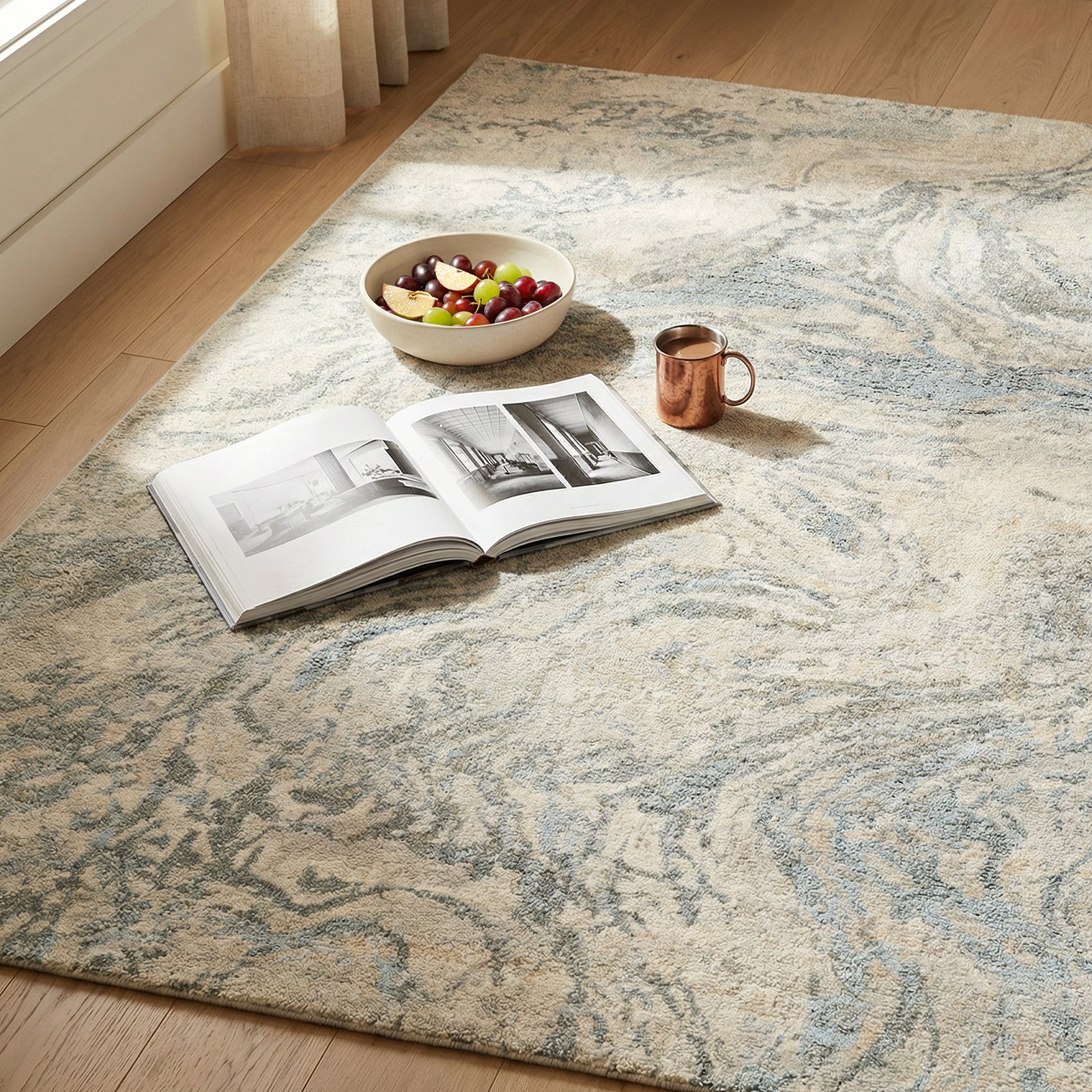 Avellino Abstract Modern Marble High Pile Beige & Grey & Blue Polypropylene & Polyester Rug 160x213cm - styled detail