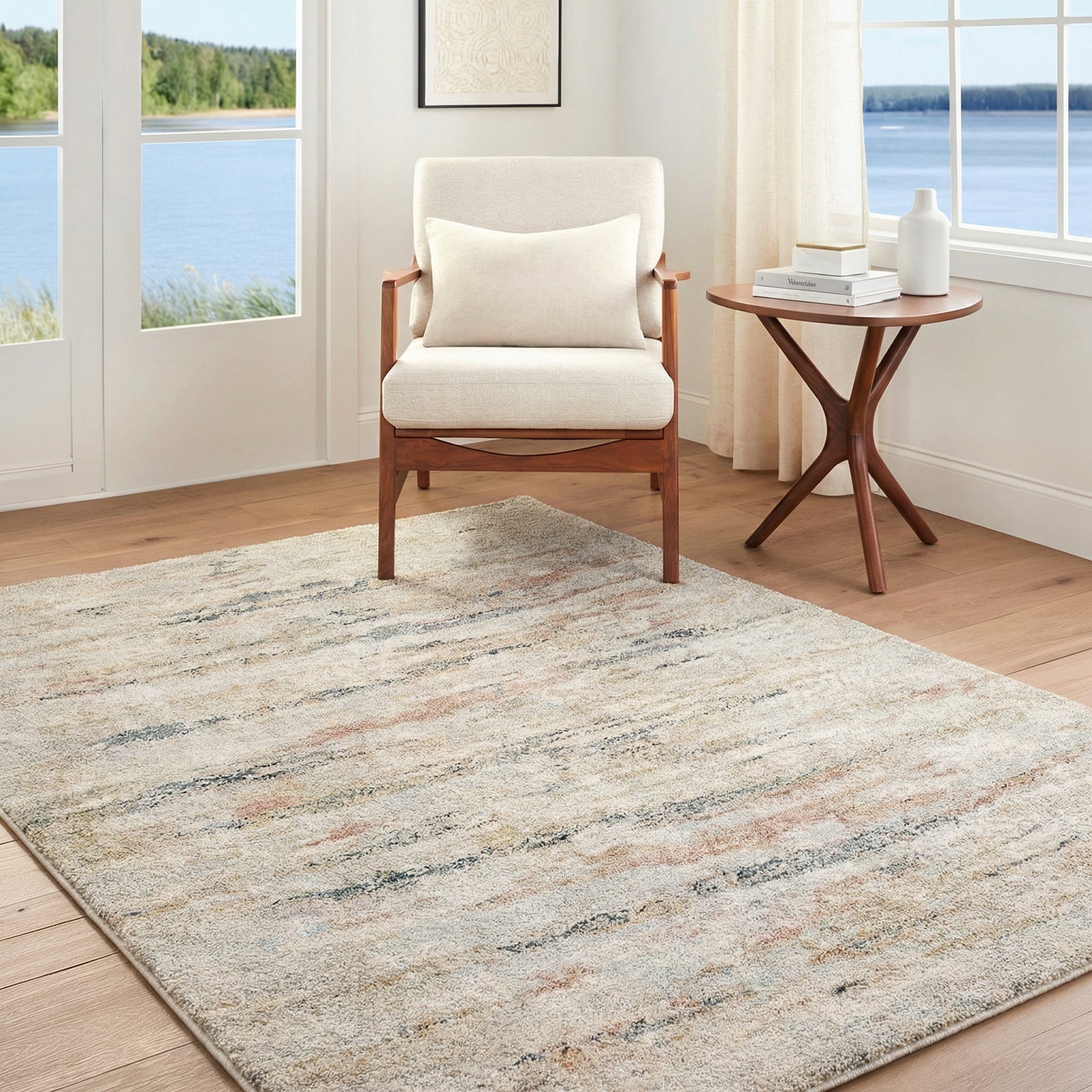 Avellino Abstract Modern Marble High Pile Beige & Grey & Blue Polypropylene & Polyester Rug 160x213cm - room setting