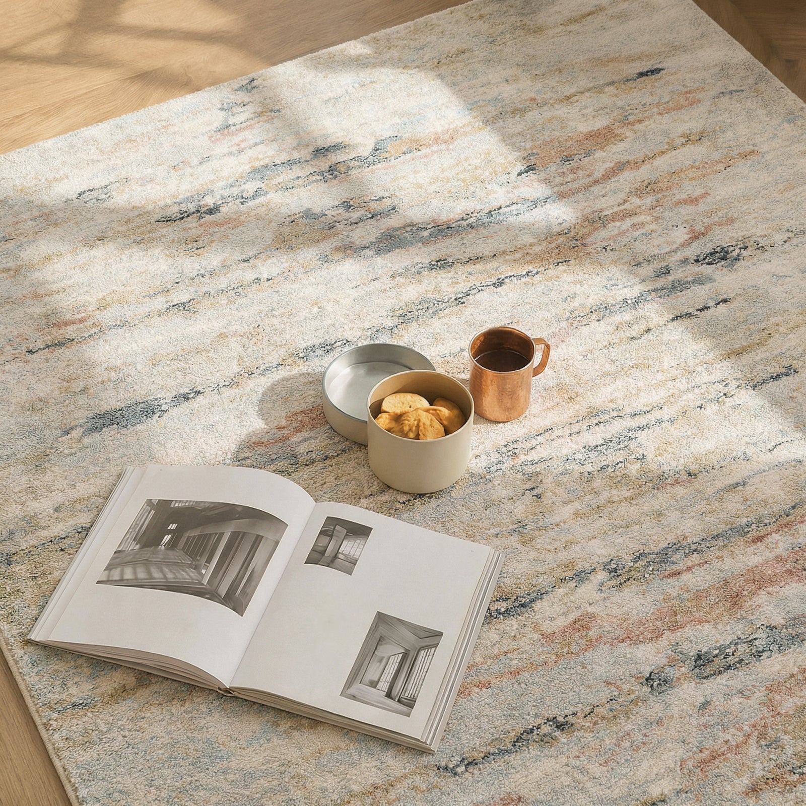 Avellino Abstract Modern Marble High Pile Beige & Grey & Blue Polypropylene & Polyester Rug 160x213cm - styled detail