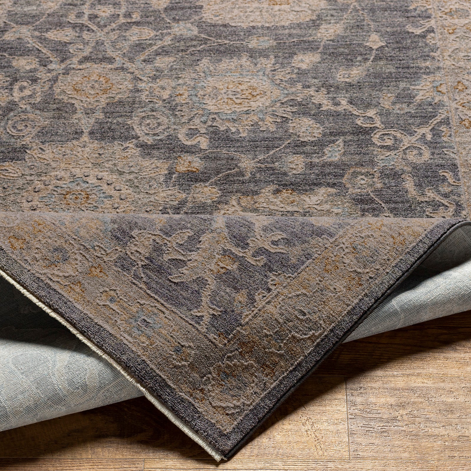 Avant Garde Vintage Traditional Charcoal & Grey Polyester & Polypropylene Rug 200x290cm - folded detail