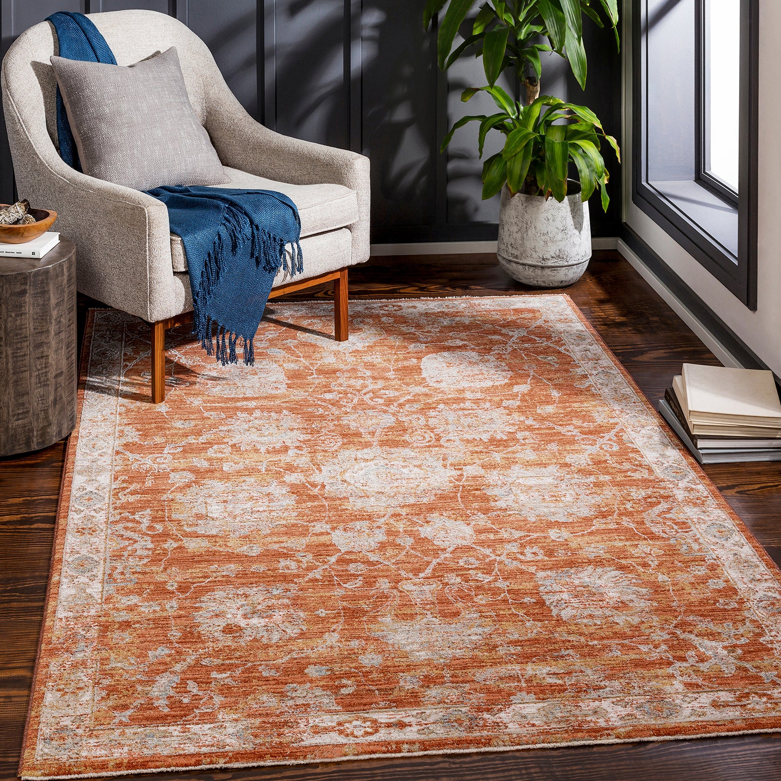 Avant Garde Vintage Traditional Orange & Rust Polyester & Polypropylene Rug 152x225cm - room setting