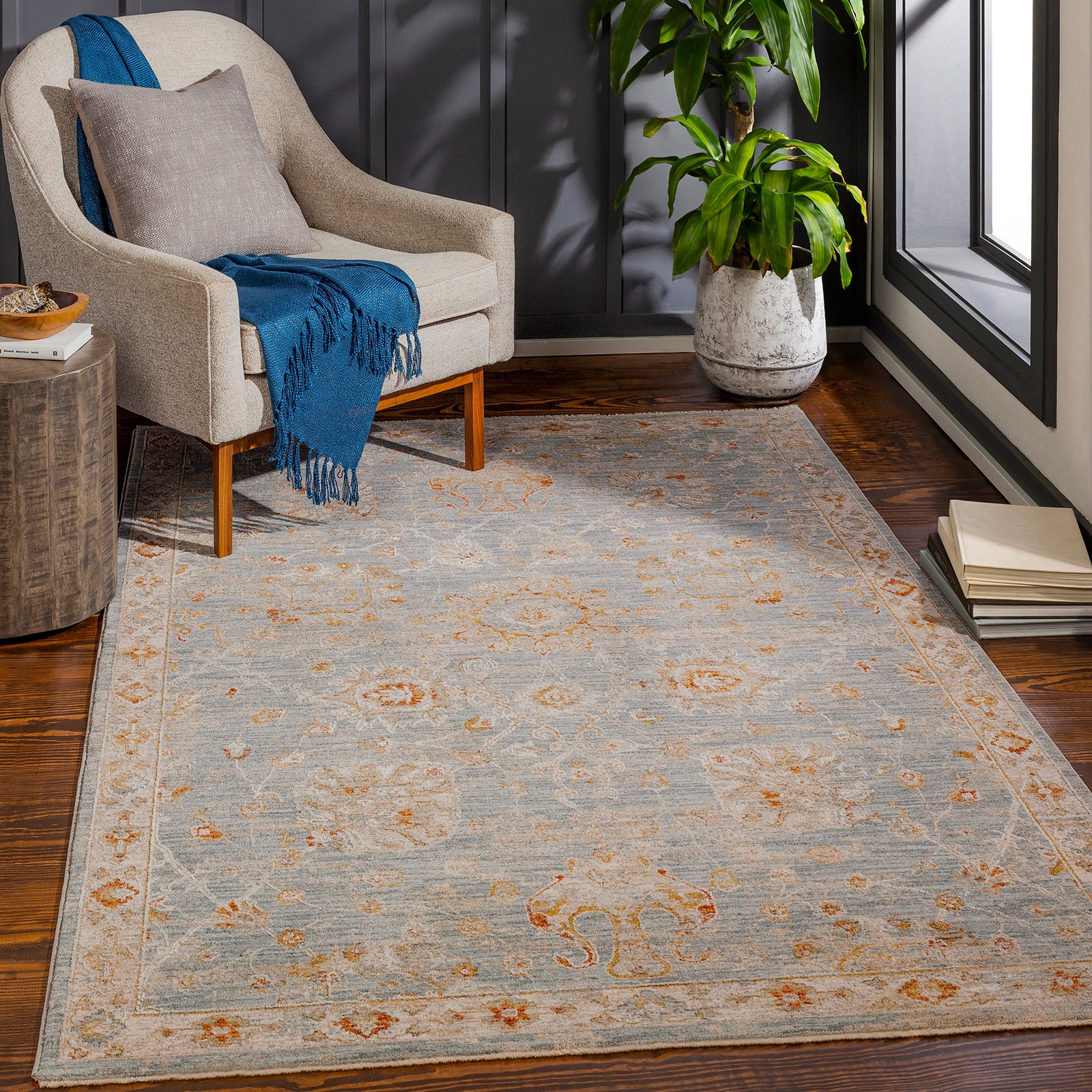 Avant Garde Vintage Traditional Blue & Denim Polyester & Polypropylene Rug 152x225cm - room setting