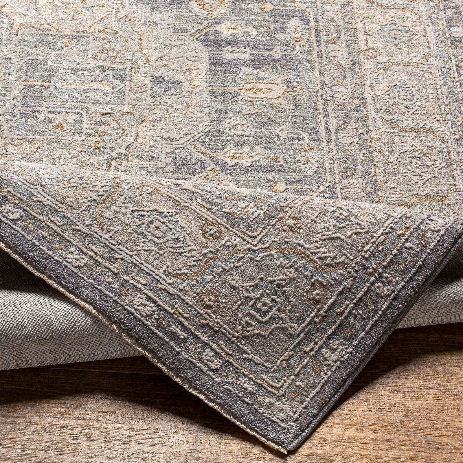 Avant Garde Vintage Traditional Grey & Denim Polyester & Polypropylene Rug 200x290cm - folded detail