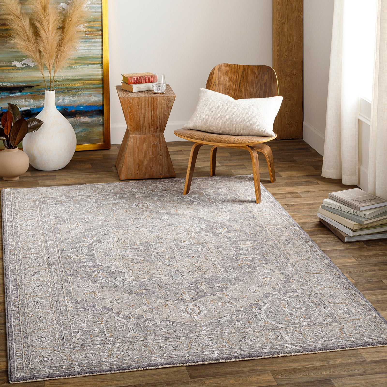 Avant Garde Vintage Traditional Grey & Denim Polyester & Polypropylene Rug 200x290cm - room setting