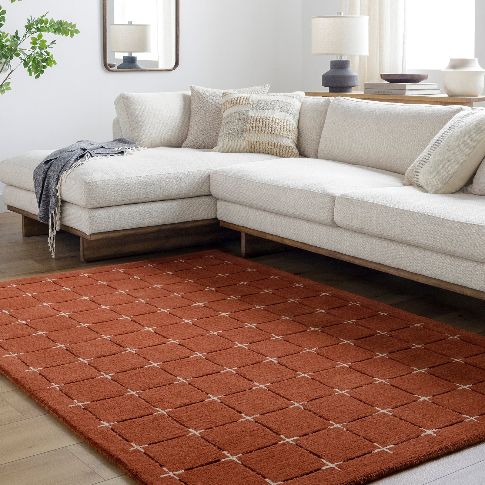 Brook Modern Wool Modern Terracotta & Rust Rug 152x229cm - styled detail