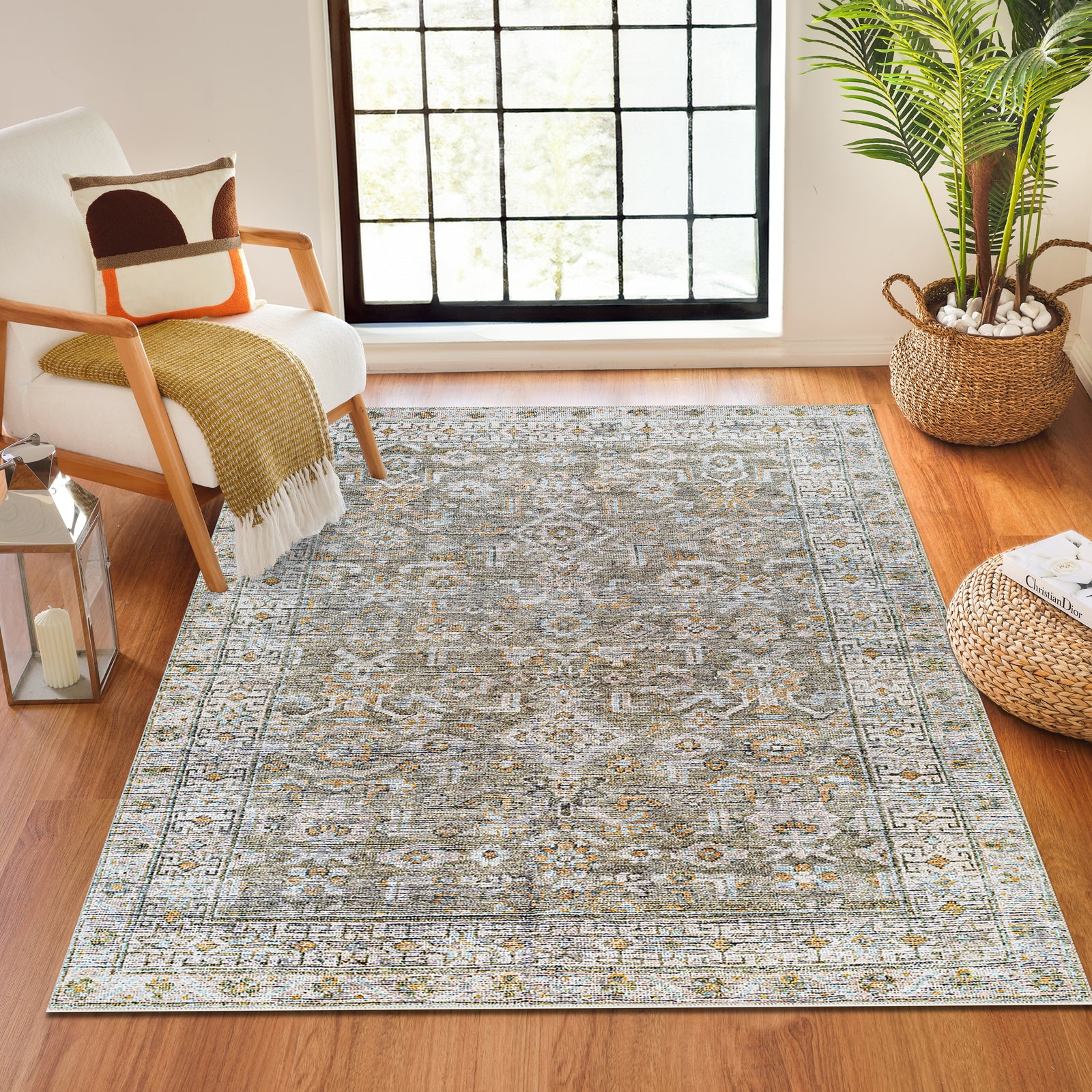 Darling Becki Owens Traditional Washable Grey & Medium Brown & Light Sage Polyester Rug 160x213cm - room setting