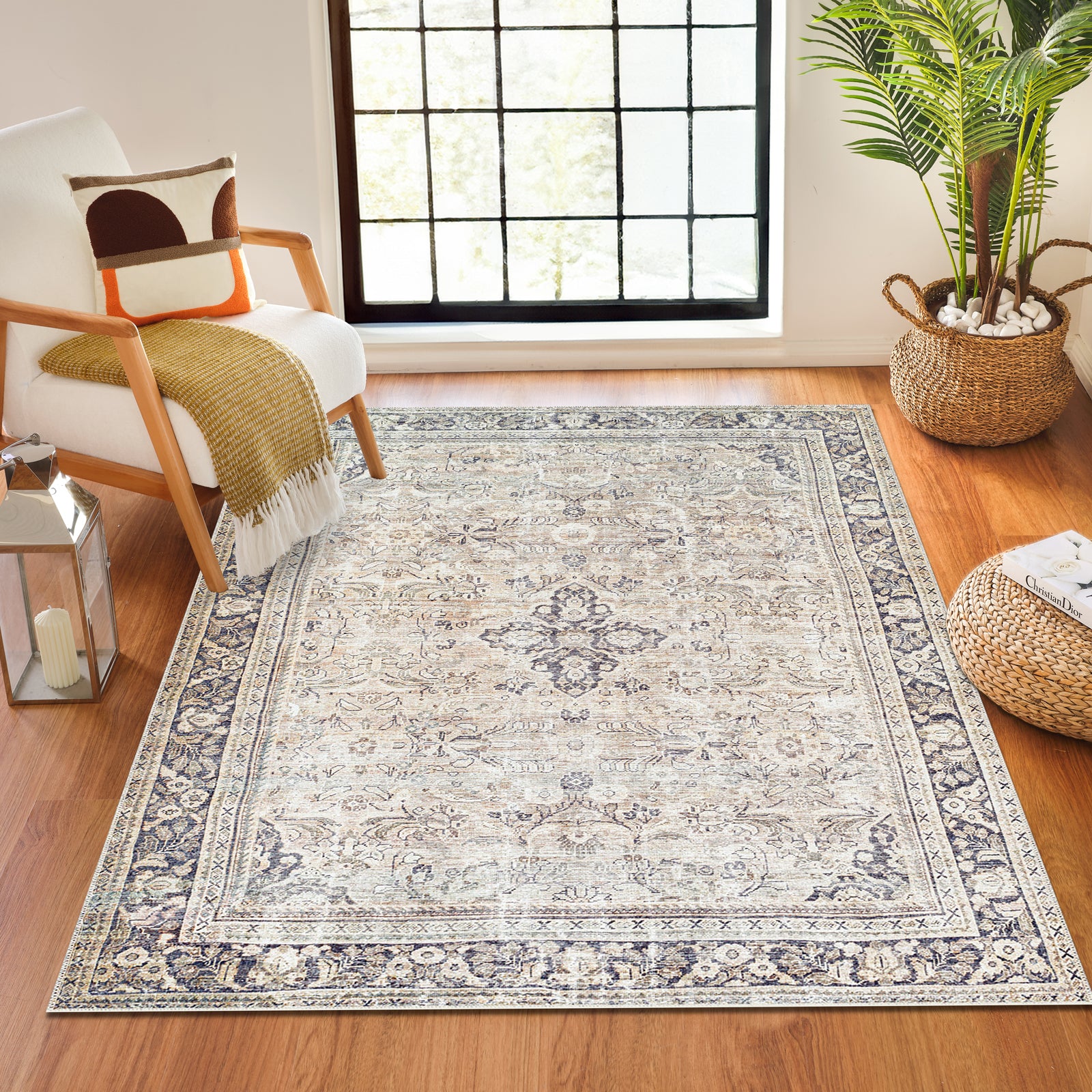 Darling Becki Owens Traditional Washable Grey & Medium Brown & Light Sage Polyester Rug 200x275cm - styled detail