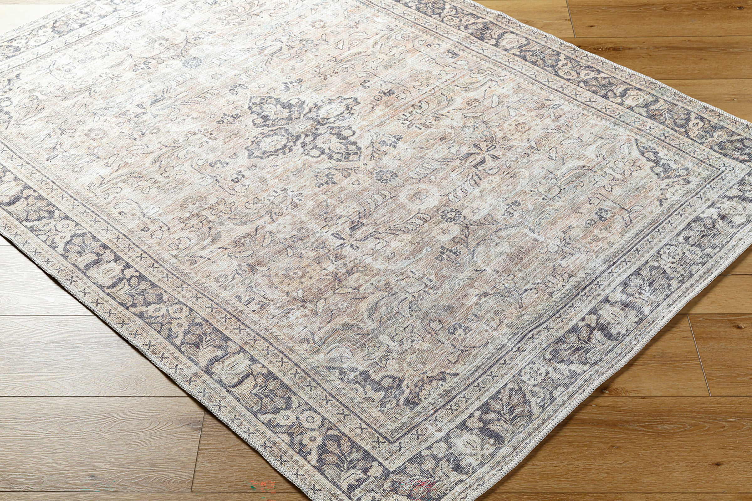 Darling Becki Owens Traditional Washable Grey & Medium Brown & Light Sage Polyester Rug 200x275cm - corner detail
