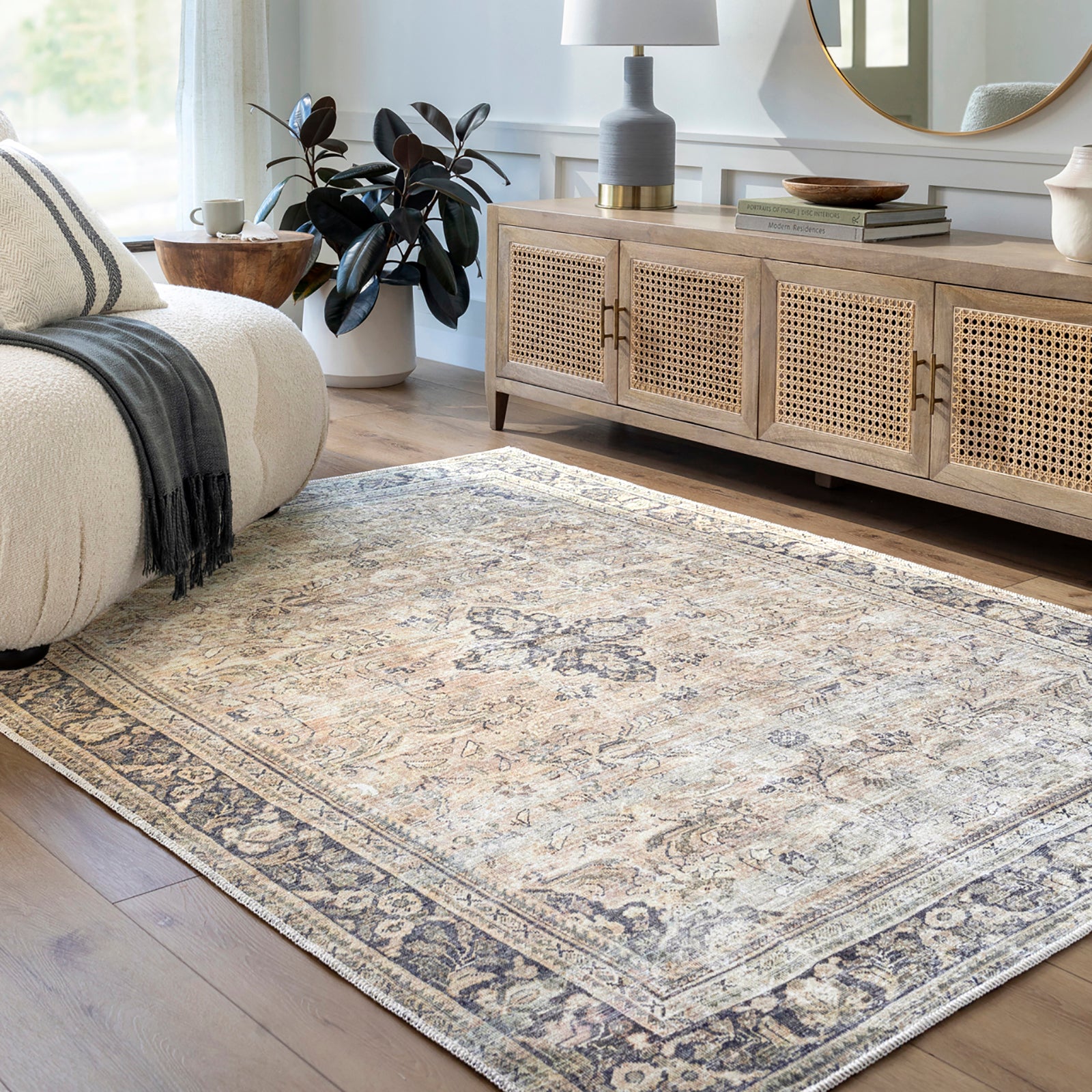 Darling Becki Owens Traditional Washable Grey & Medium Brown & Light Sage Polyester Rug 200x275cm - room setting