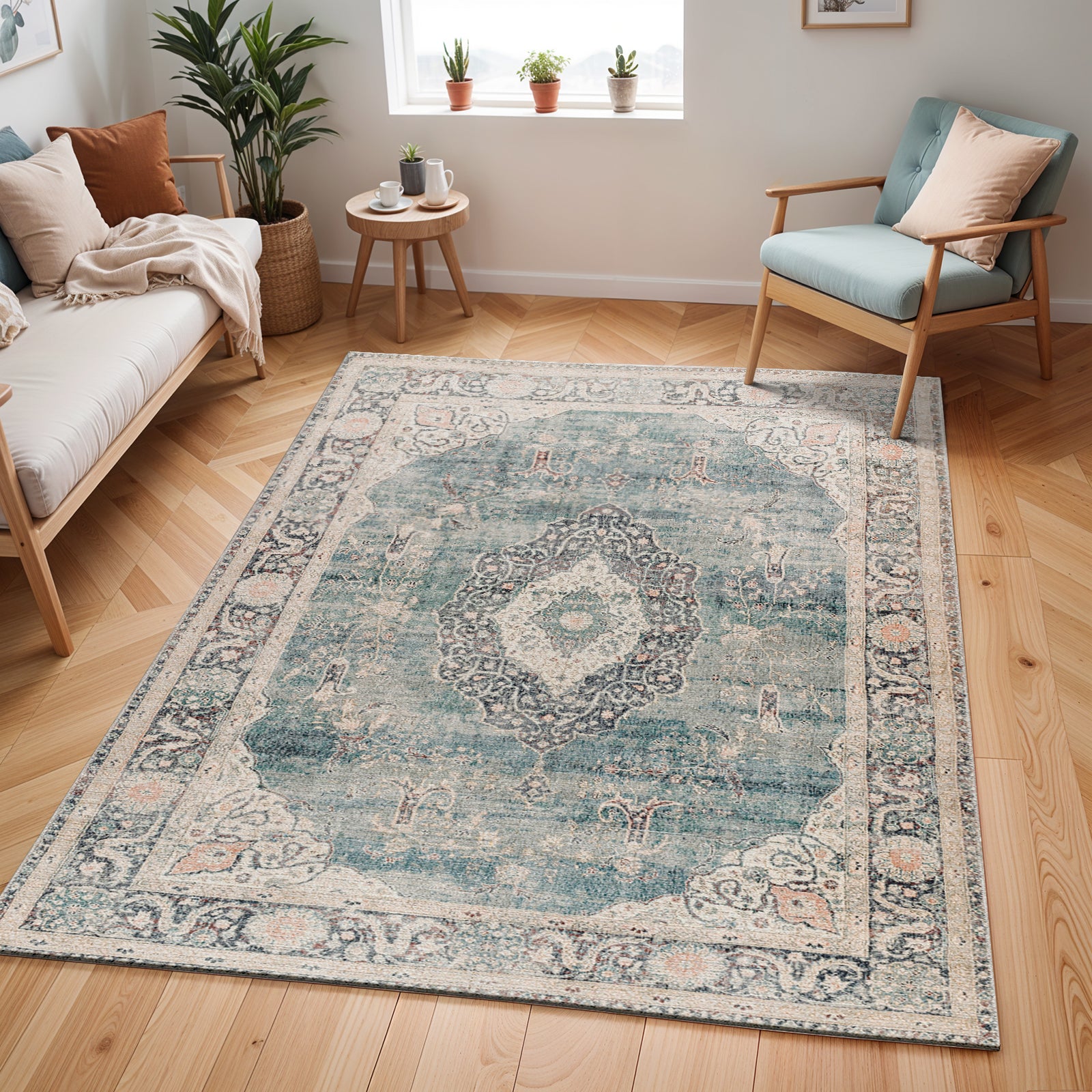 Marlene Becki Owens Vintage Traditional Vintage Boho Blue & Ice Blue Polyester Rug 157x213cm - room setting