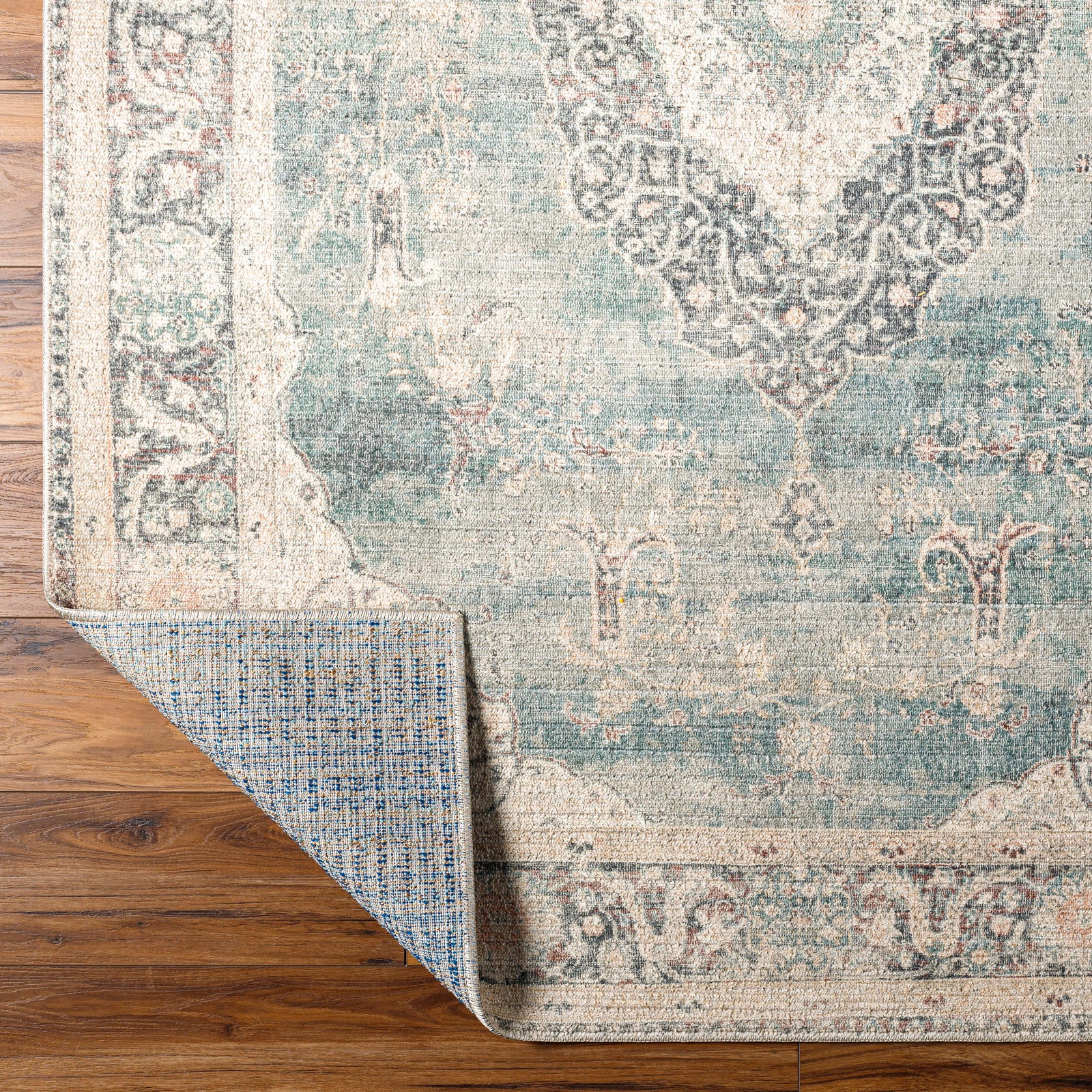 Marlene Becki Owens Vintage Traditional Vintage Boho Blue & Ice Blue Polyester Rug 157x213cm - folded detail
