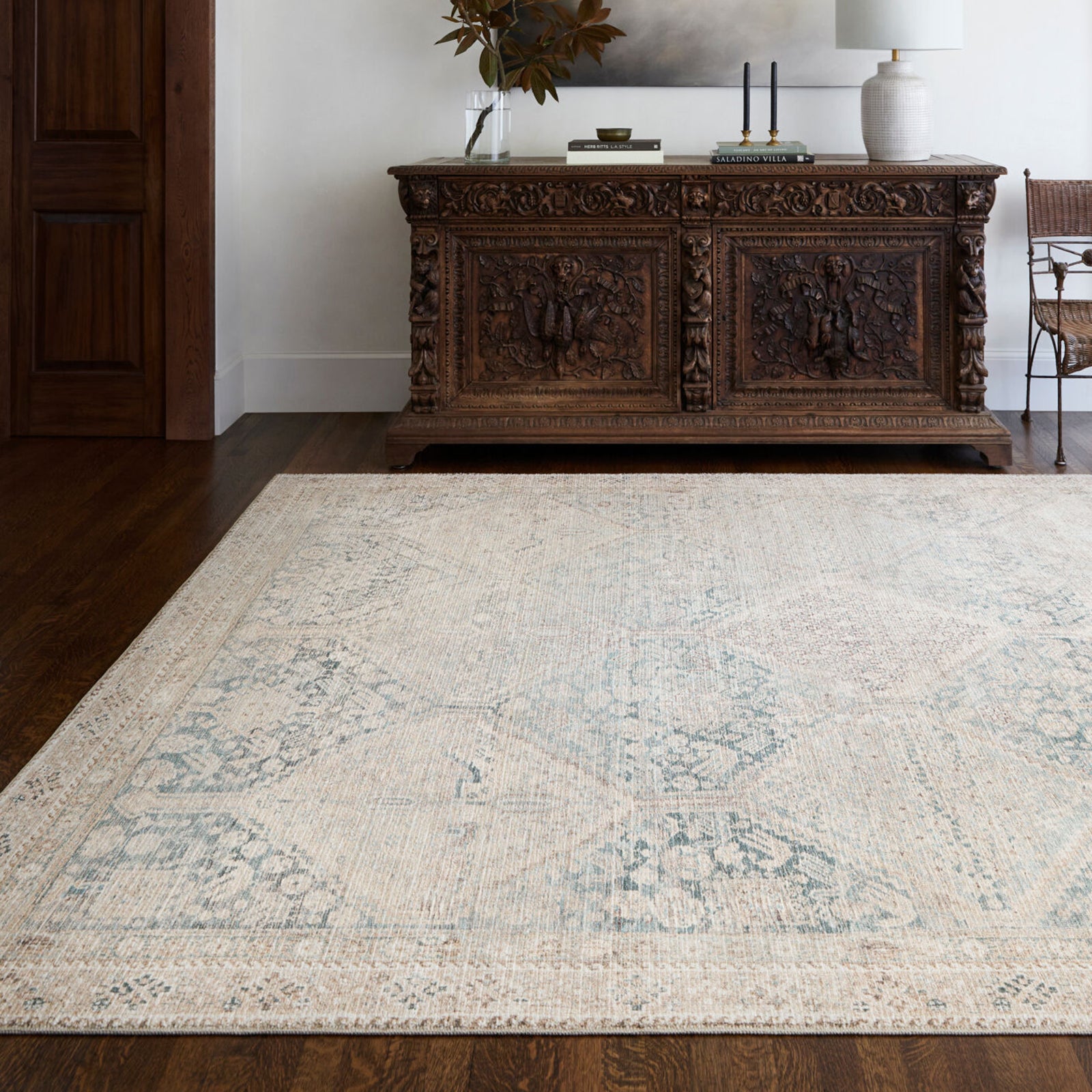 Marlene Becki Owens Vintage Traditional Vintage Boho Natural & Emerald Polyester Rug 117x170cm - styled detail
