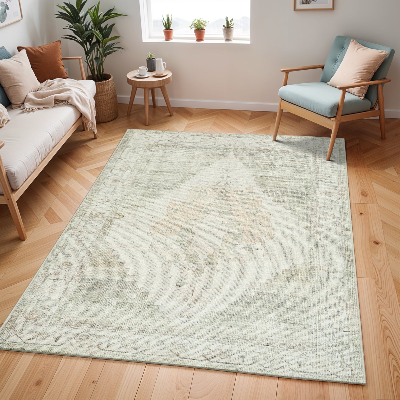 Luca Becki Owens Vintage Traditional Vintage Boho Green & Ivory Polyester Rug 120x170cm - room setting