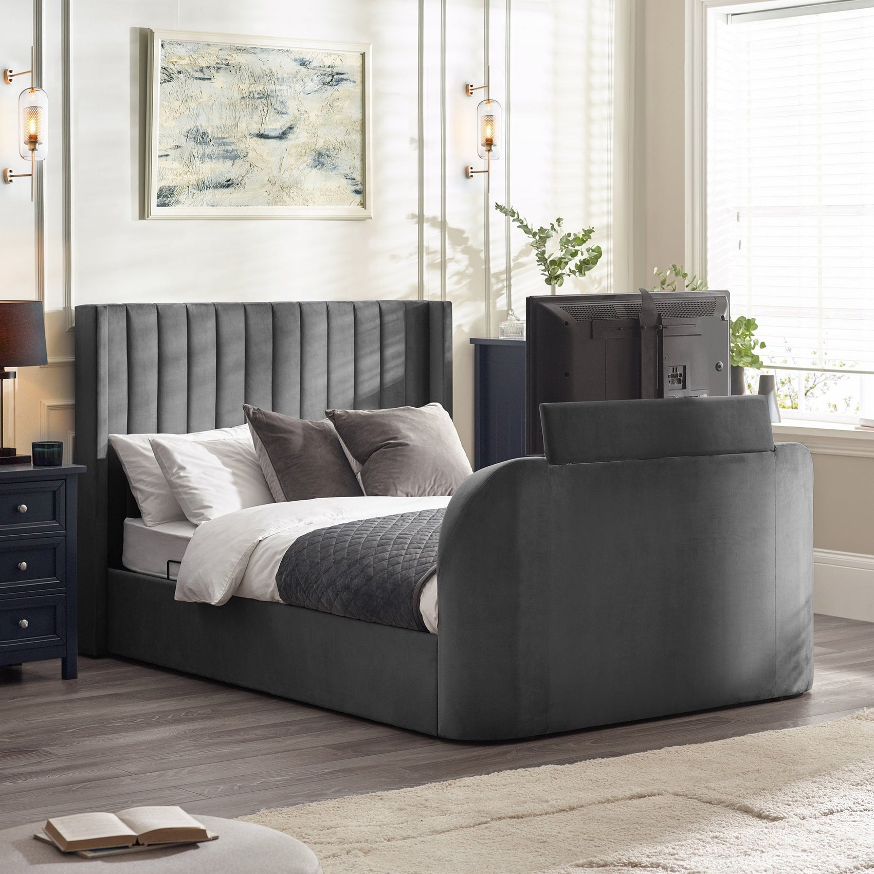 Alston Dark Grey Velvet Ottoman TV Bed King