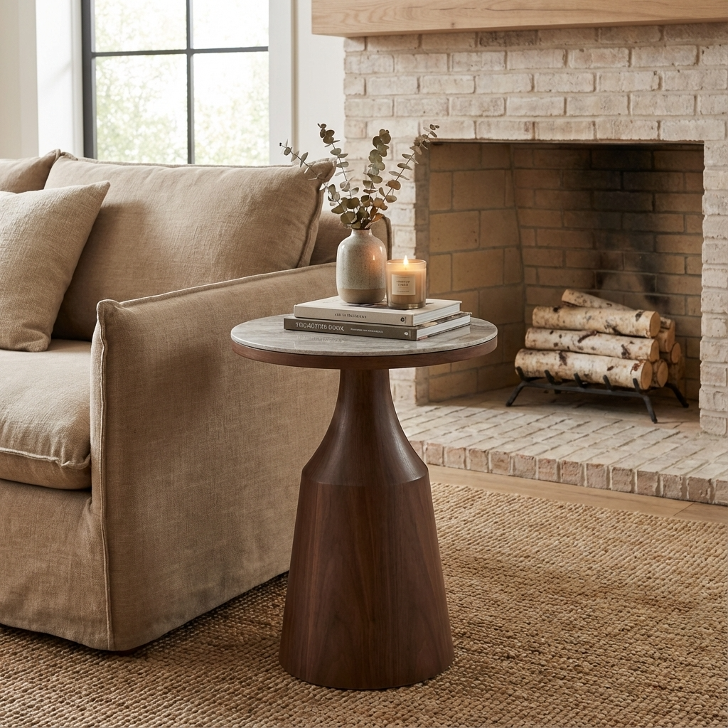 Willow Walnut Brown Wood & Grey Marble Round Side Table