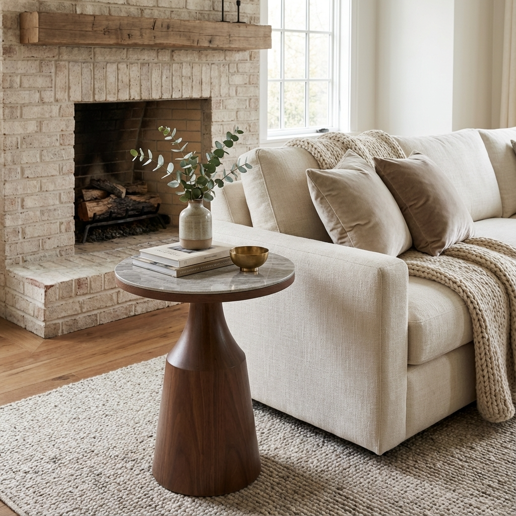 Willow Walnut Brown Wood & Grey Marble Round Side Table