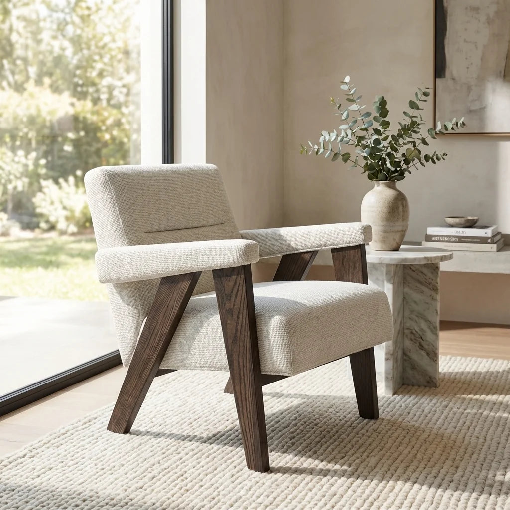 Abel Milk Tweed & Chocolate Brown Wood Armchair