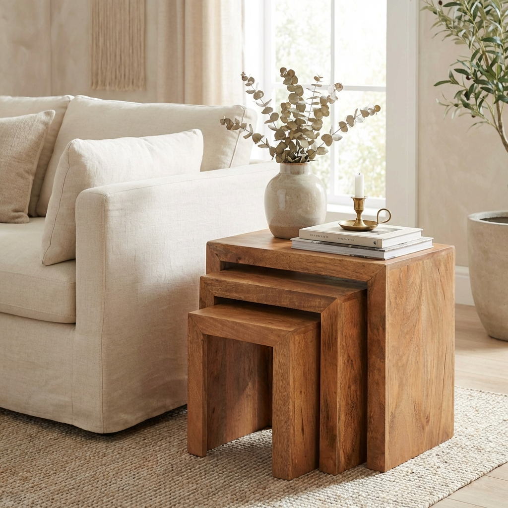 Canterbury Natural Mango Wood Side Tables Nest of 3