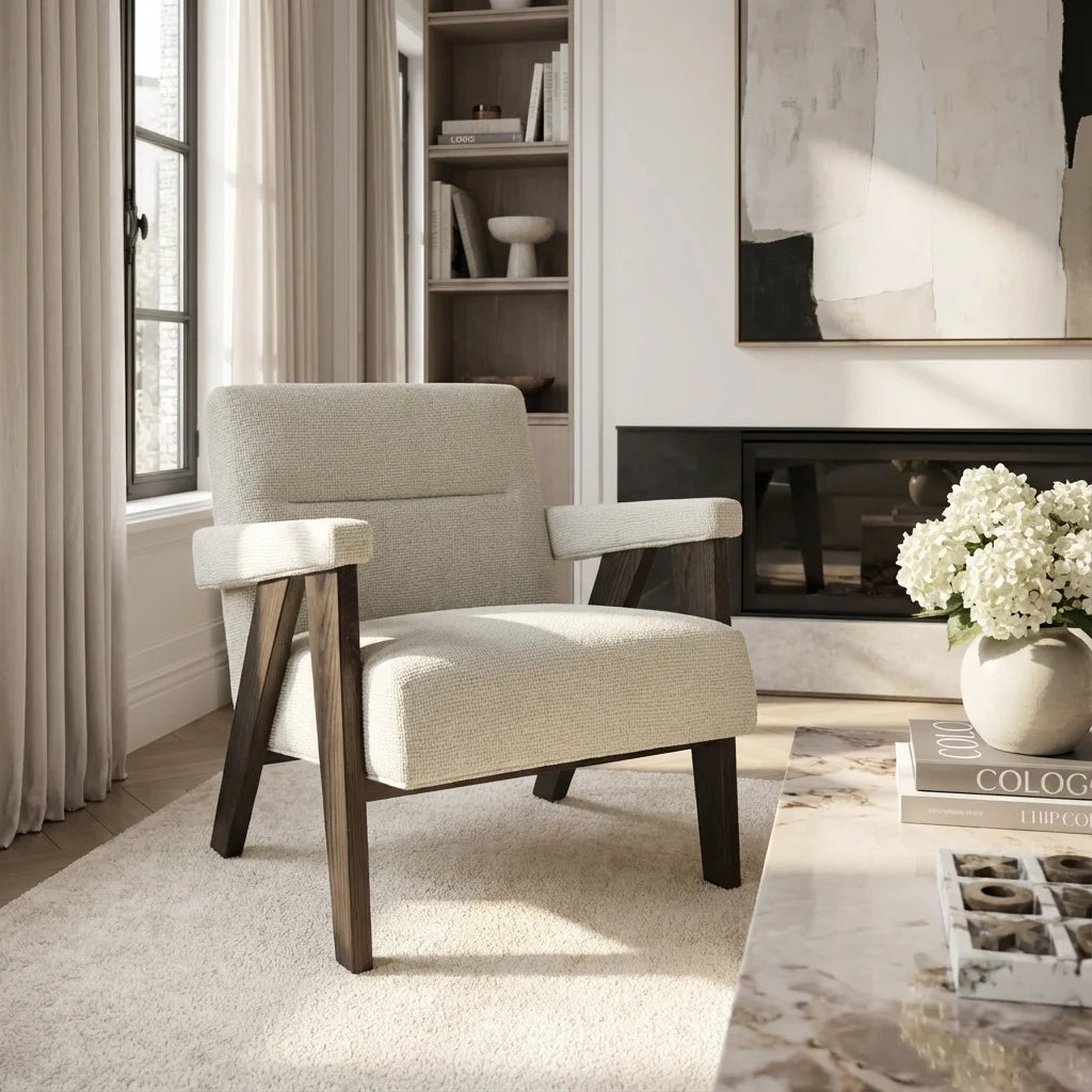 Abel Milk Tweed & Chocolate Brown Wood Armchair