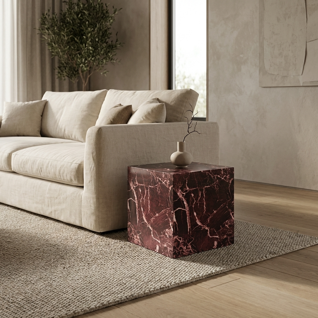 Sur Rosso Levanto Red Marble Cube Side Table
