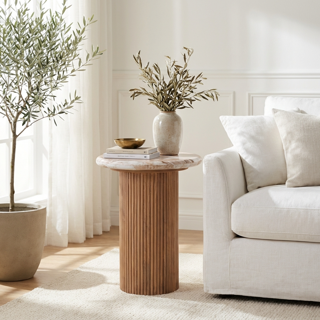 Houston Mango Wood & Marble Pedestal Side Table