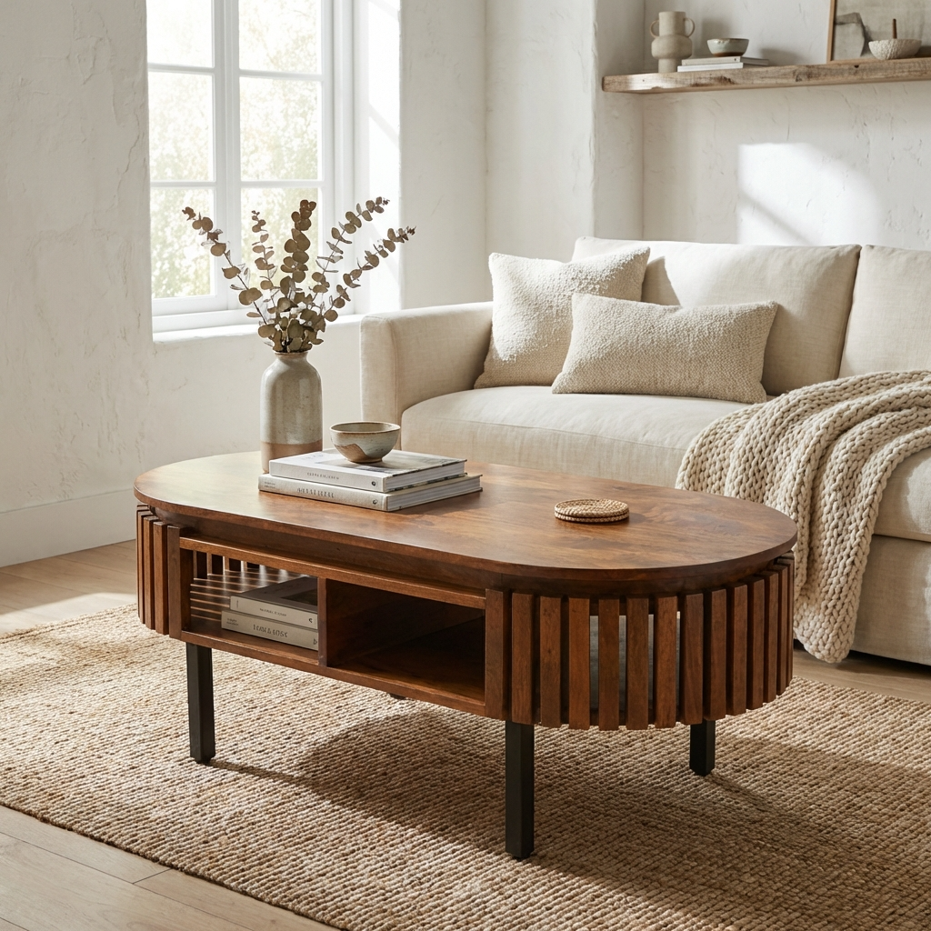 Kita Brown Mango Wood Slatted Oval Coffee Table