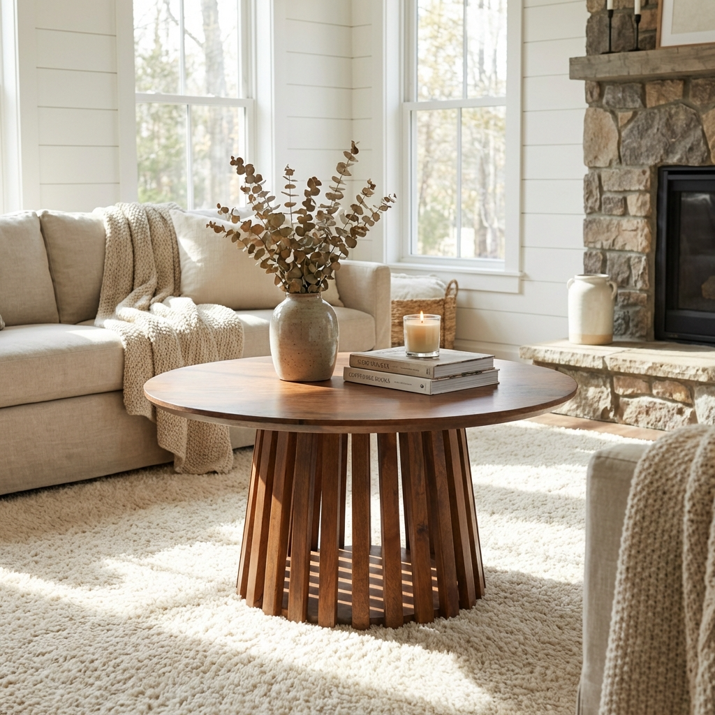 Kita Brown Mango Wood Slatted Round Coffee Table