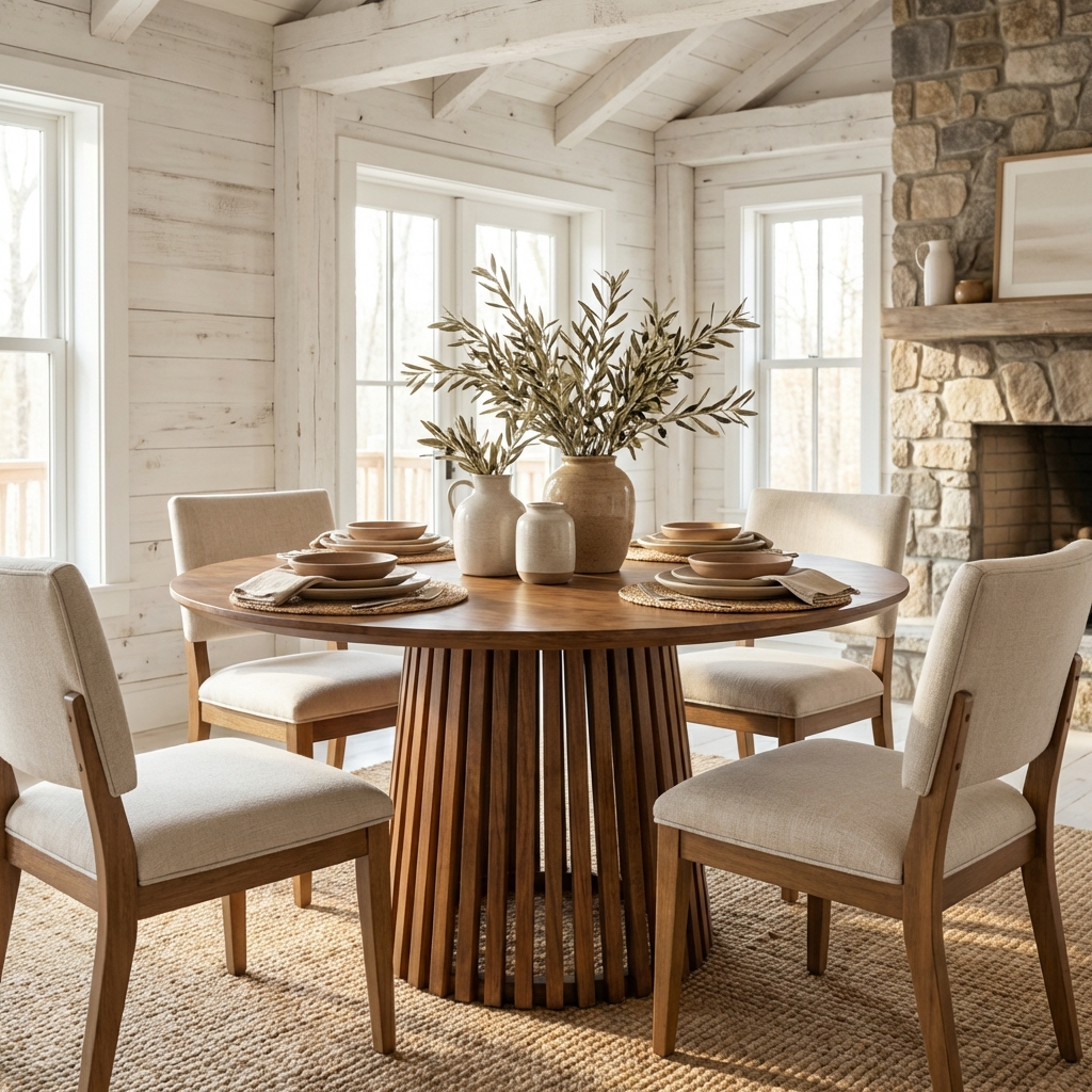 Kita Brown Mango Wood Slatted Round Dining Table
