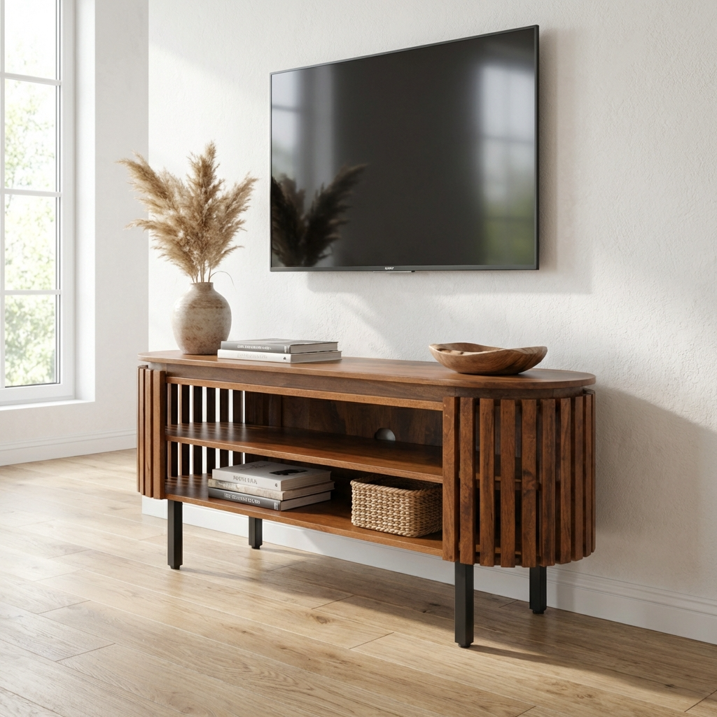 Kita Brown Mango Wood Slatted TV Unit