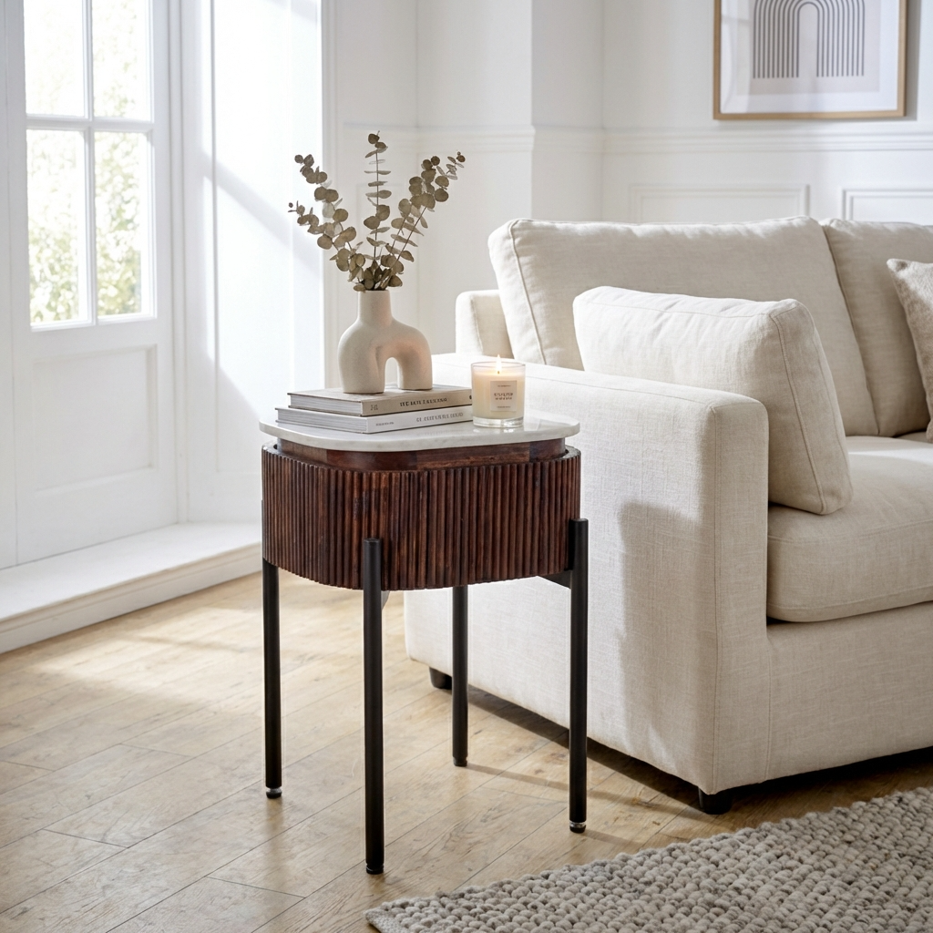 Melora Brown Mango Wood & White Marble Side Table