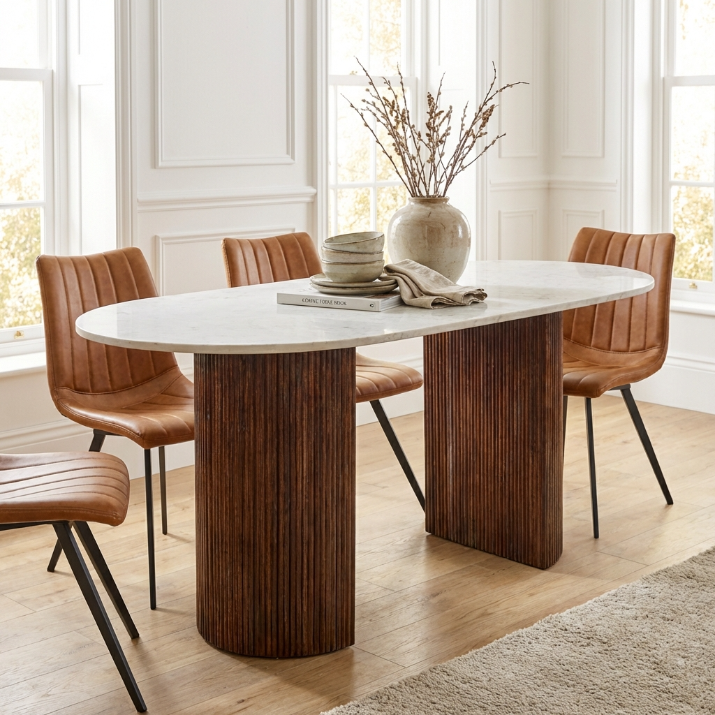 Melora Brown Mango Wood & White Marble Dining Table 170cm