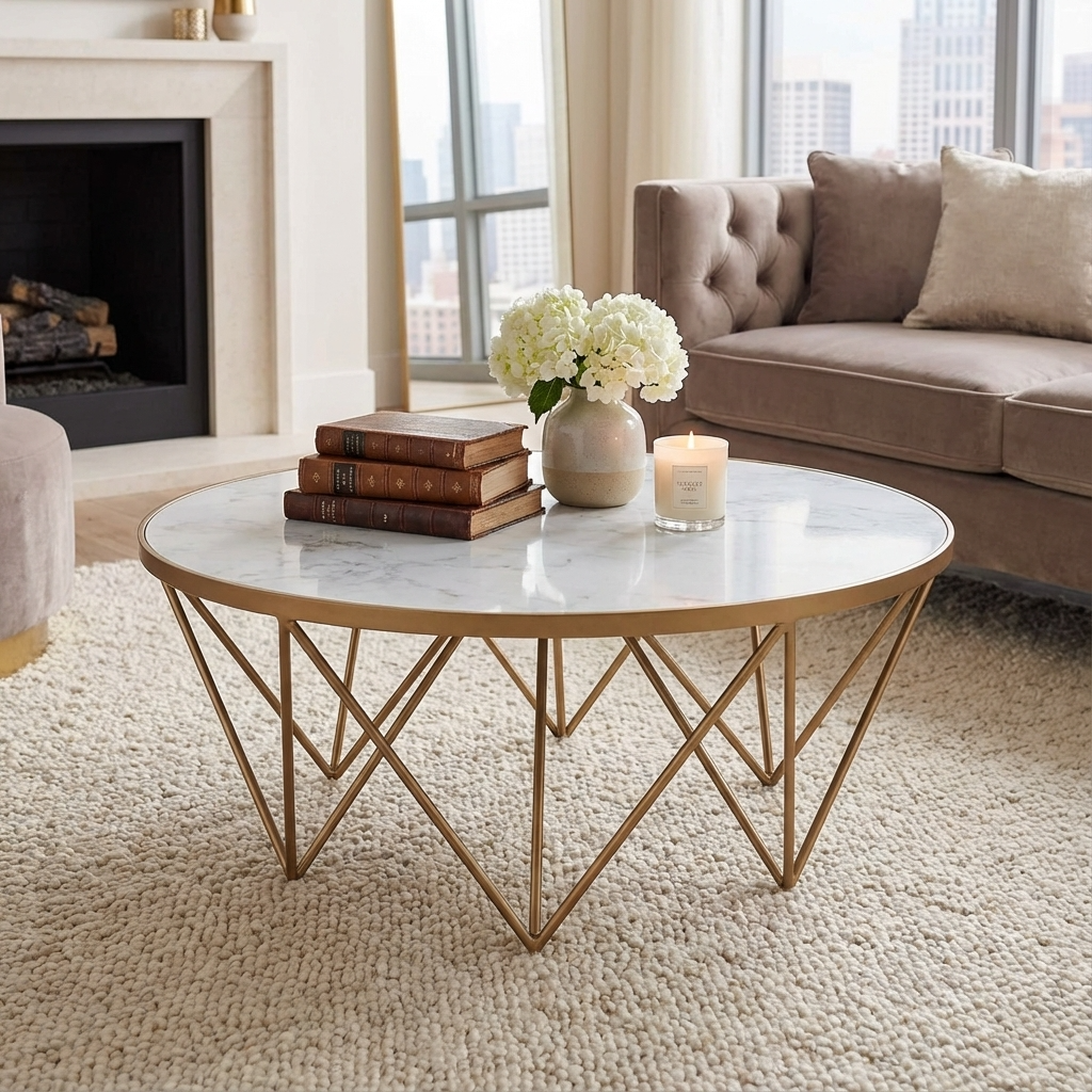 DI Designs Crofton White Marble Glass & Gold Round Coffee Table