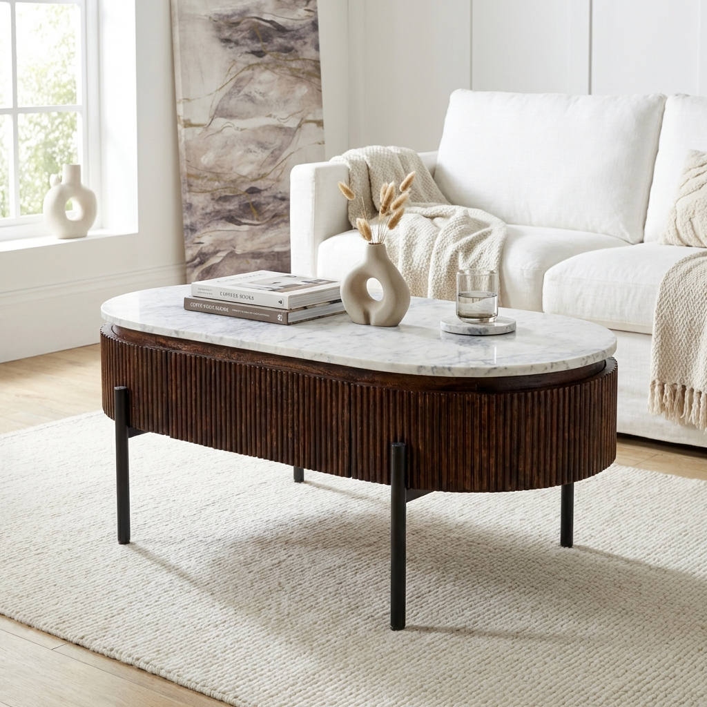 Melora Brown Mango Wood & White Marble Oval Coffee Table