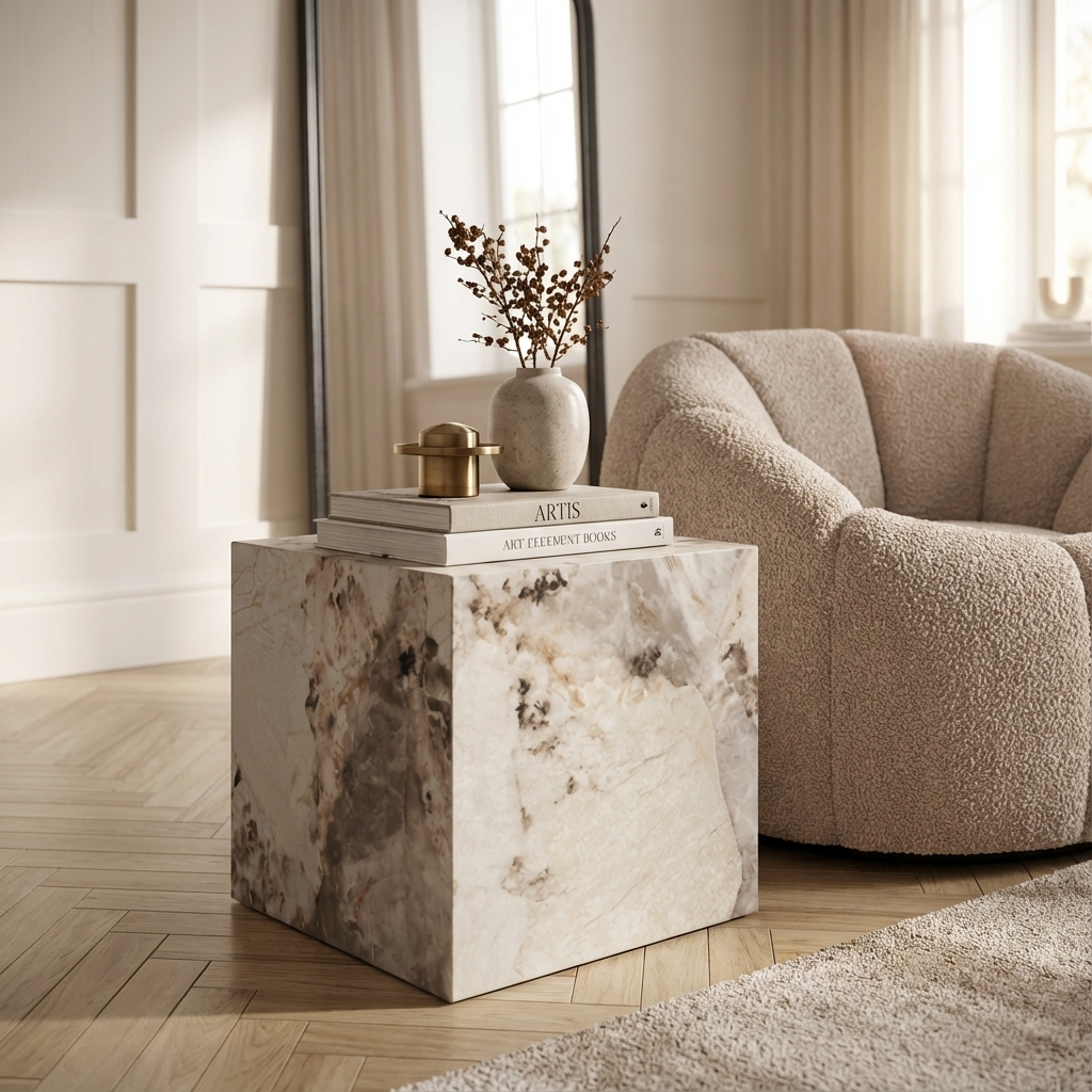Sur Pandora Marble Square Cube Side Table - CLEARANCE