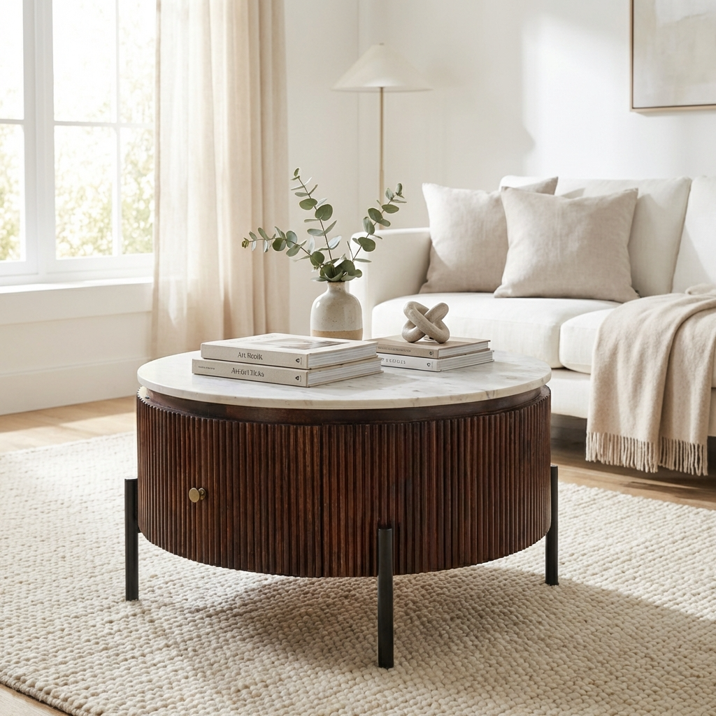 Melora Brown Mango Wood & White Marble Round Coffee Table
